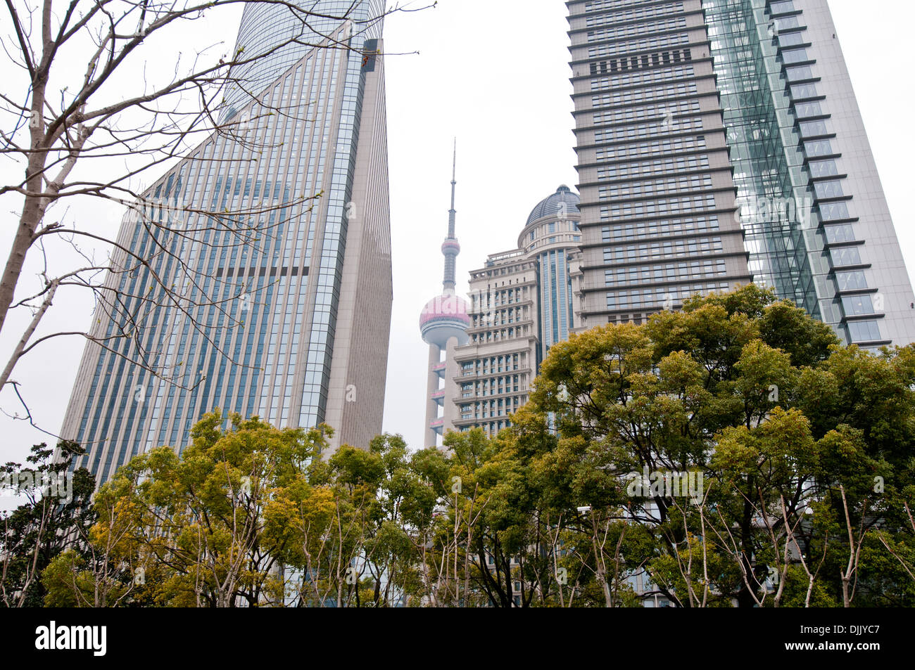 Oriental Pearl Tower tra Banca di Cina edificio e Bocom torri finanziario nel Distretto di Pudong, Shanghai, Cina Foto Stock