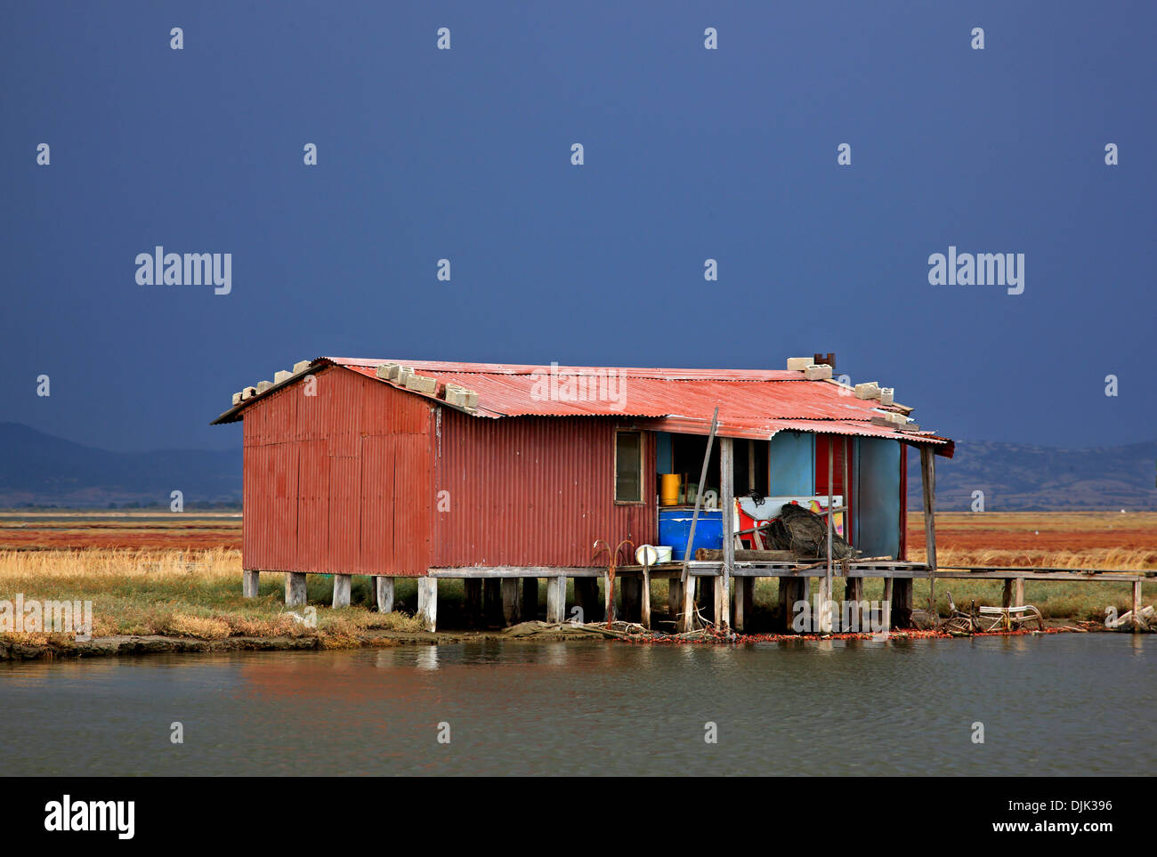 Di pescatori di capanne stilt al delta del fiume Evros, Tracia (Tracia), in Grecia. Foto Stock