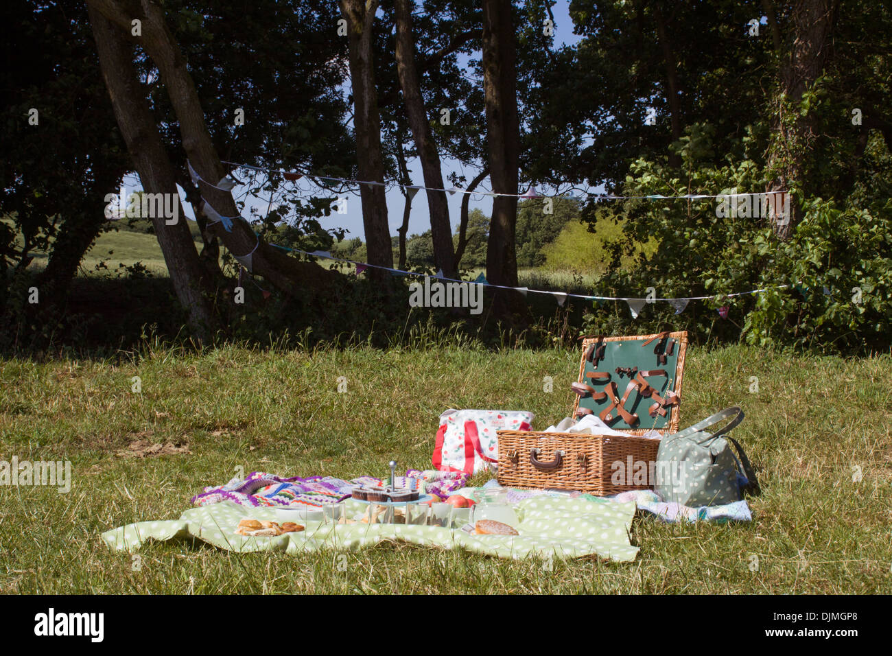 Cesto picnic in campagna con bunting fino dietro di esso. Foto Stock