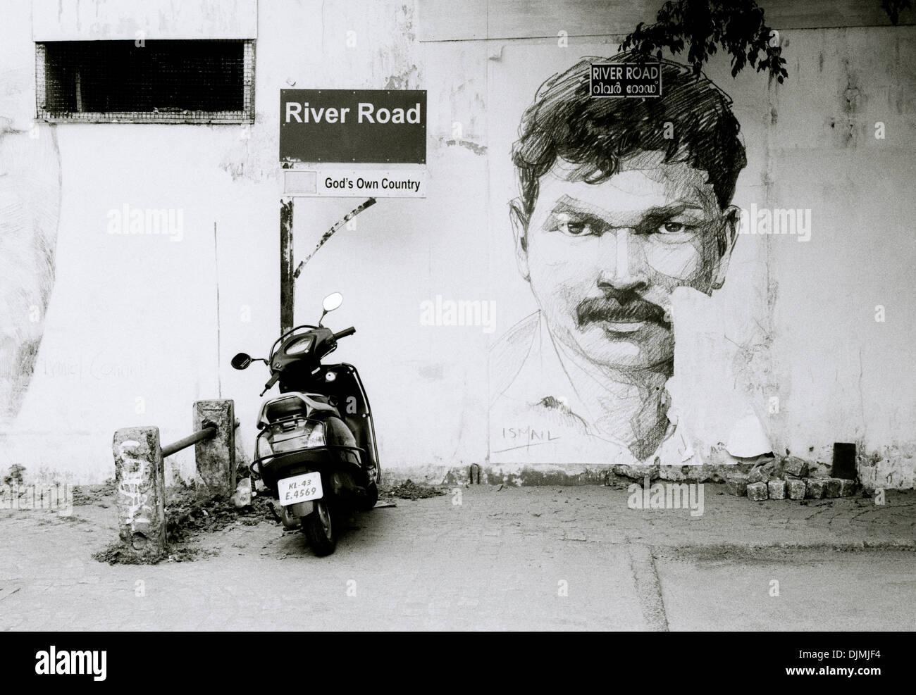 La street art di Fort Kochi Cochin in Kerala in India del Sud in Asia. Urban Graffiti ritratto grafico ritrattistica immagine Reportage di Viaggio Foto Stock