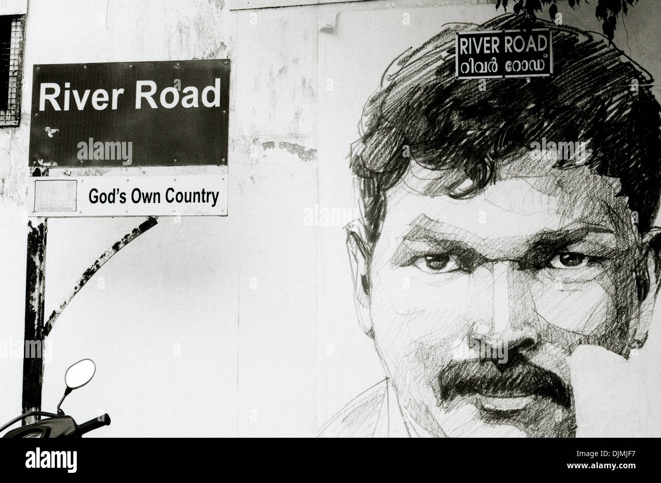 La street art di Fort Kochi Cochin in Kerala in India del Sud in Asia. Urban Graffiti ritratto grafico ritrattistica immagine Reportage di Viaggio Foto Stock