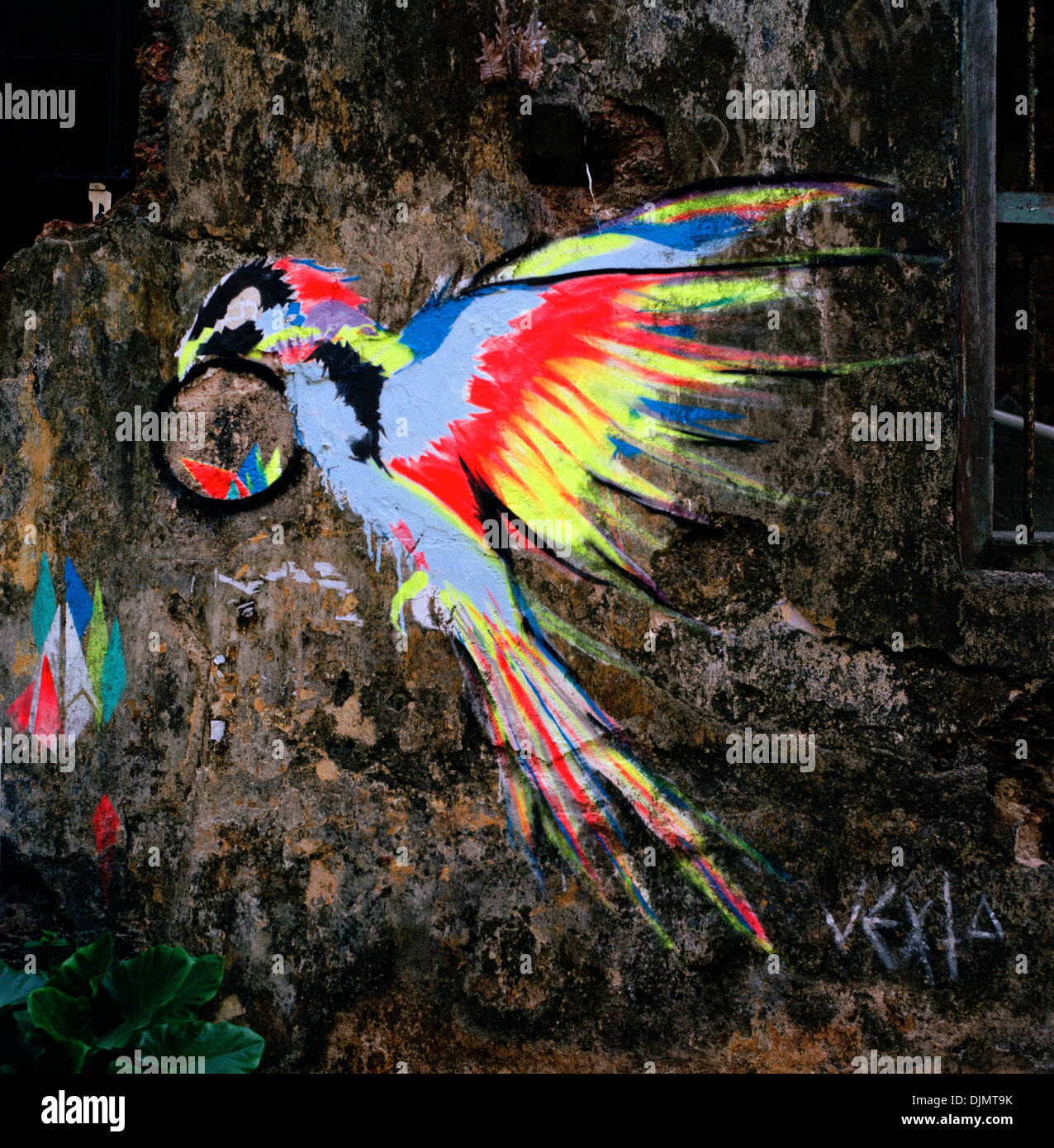 Urban street art graffiti di un uccello in volo a Fort Cochin Kochi Kerala in India in Asia del Sud. Natura volano gli uccelli del paradiso della cultura corsa surreale Foto Stock
