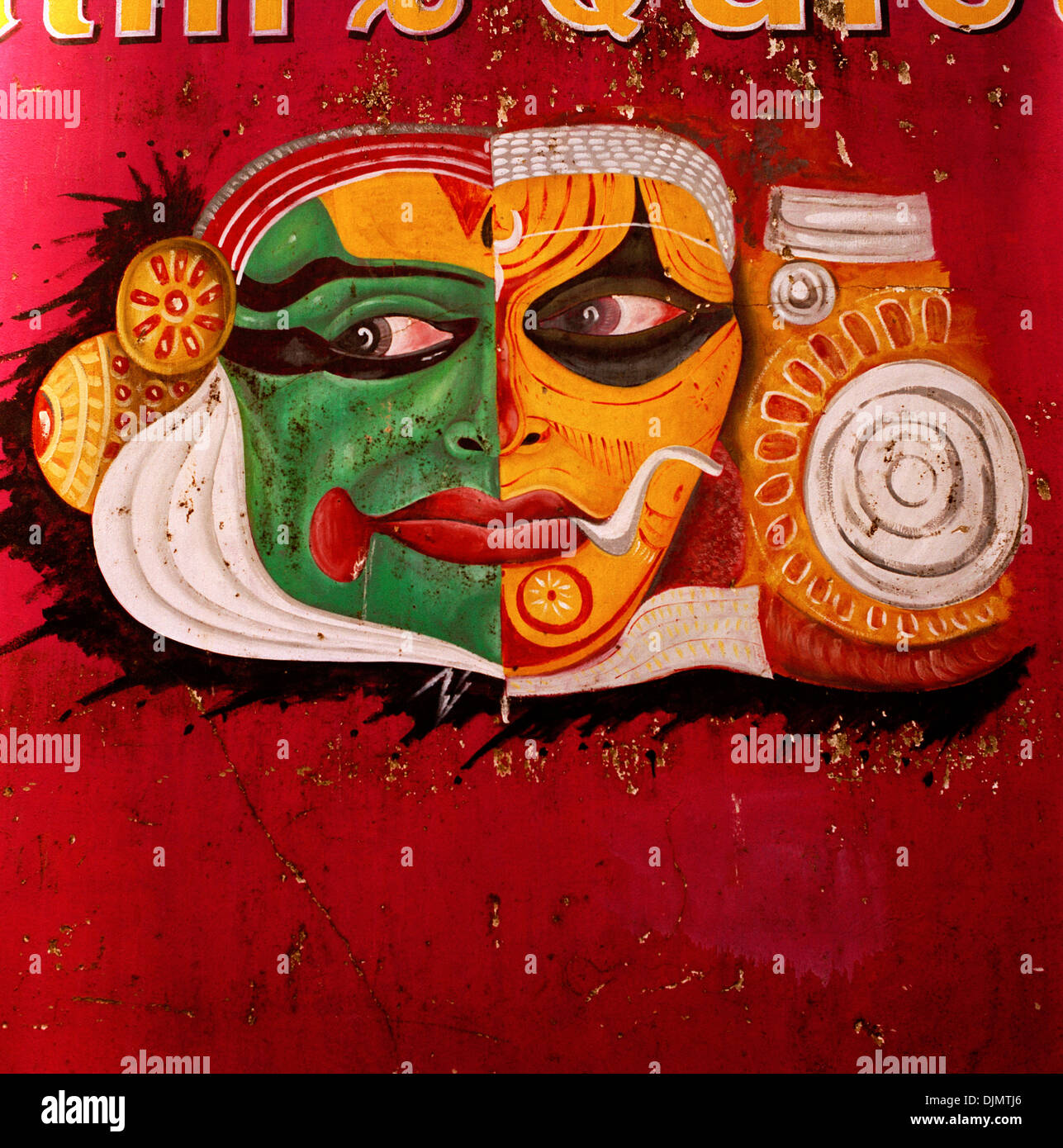 Kathakali in Fort Kochi Cochin in Kerala in India del Sud in Asia. Arte Cultura di design tradizionale danza ballerina ritratto Colore Colore Travel Foto Stock