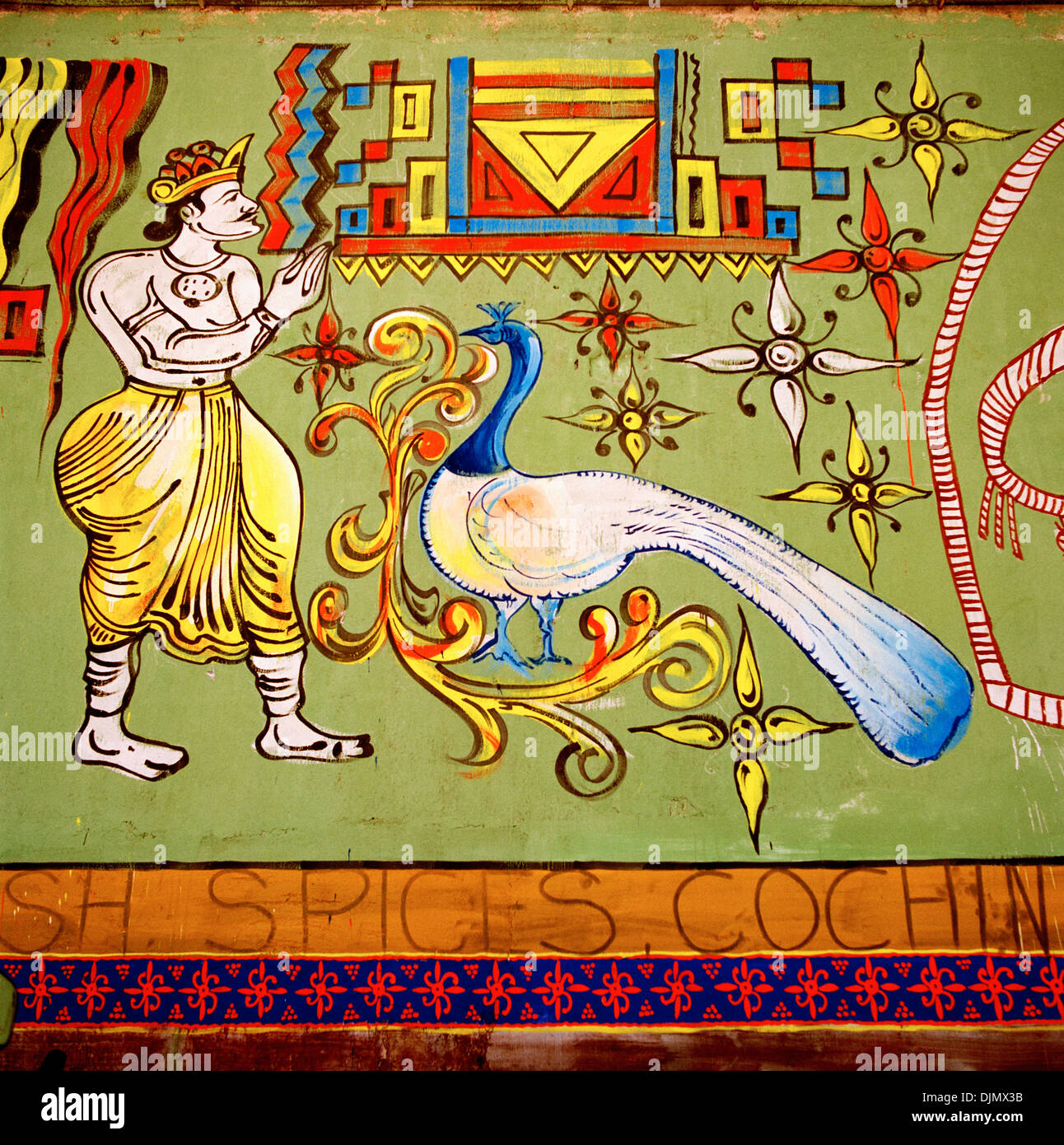 Arte indù in Mattancherry Fort Kochi Cochin in Kerala in India del Sud in Asia. La religione simbolo religioso simbolismo Moghal Mughal Storia Beauty Travel Foto Stock