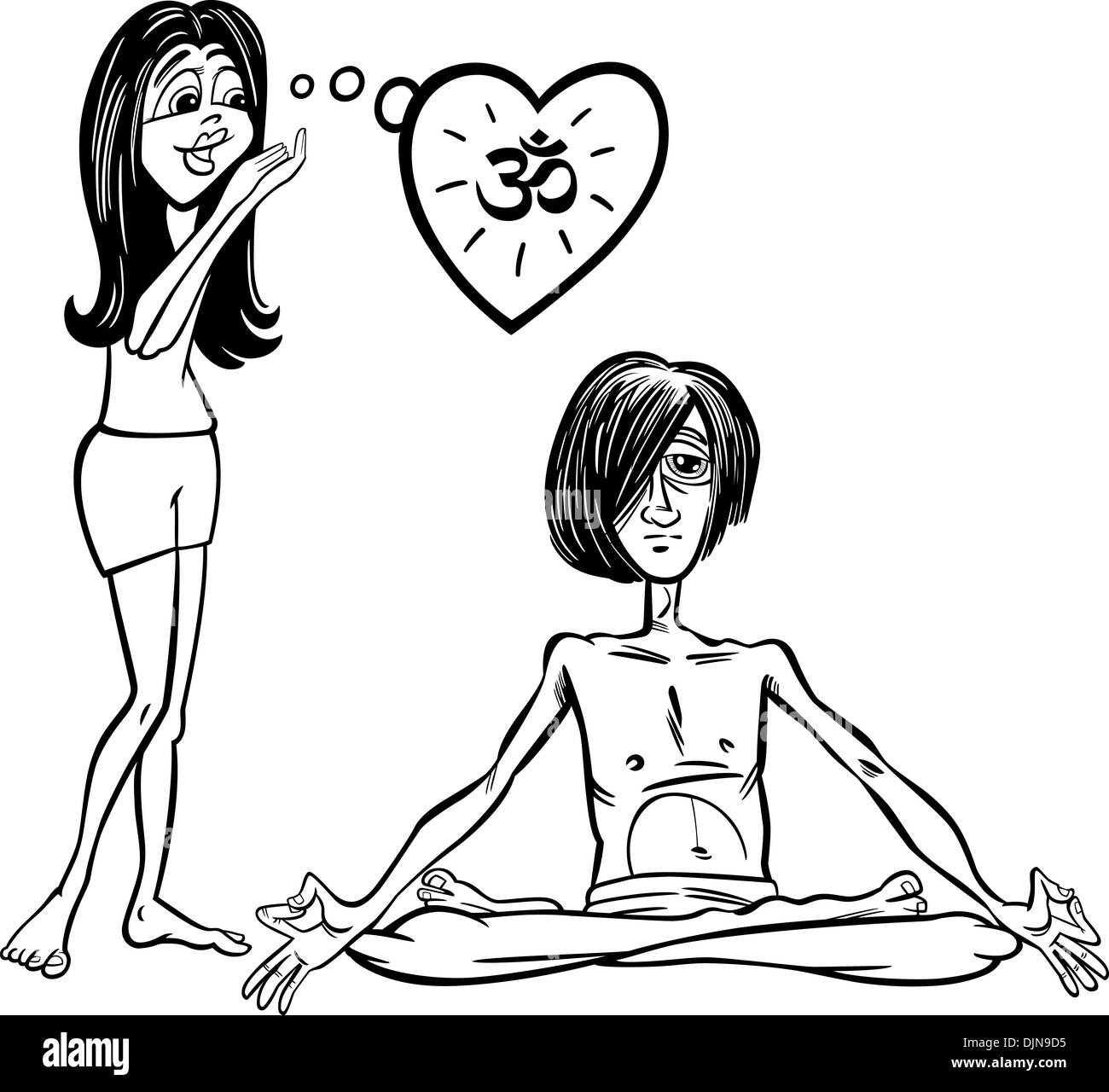 Bianco e Nero Cartoon illustrazione della donna in amore con il giovane uomo a praticare Yoga meditazione nella posizione del loto Foto stock - Alamy