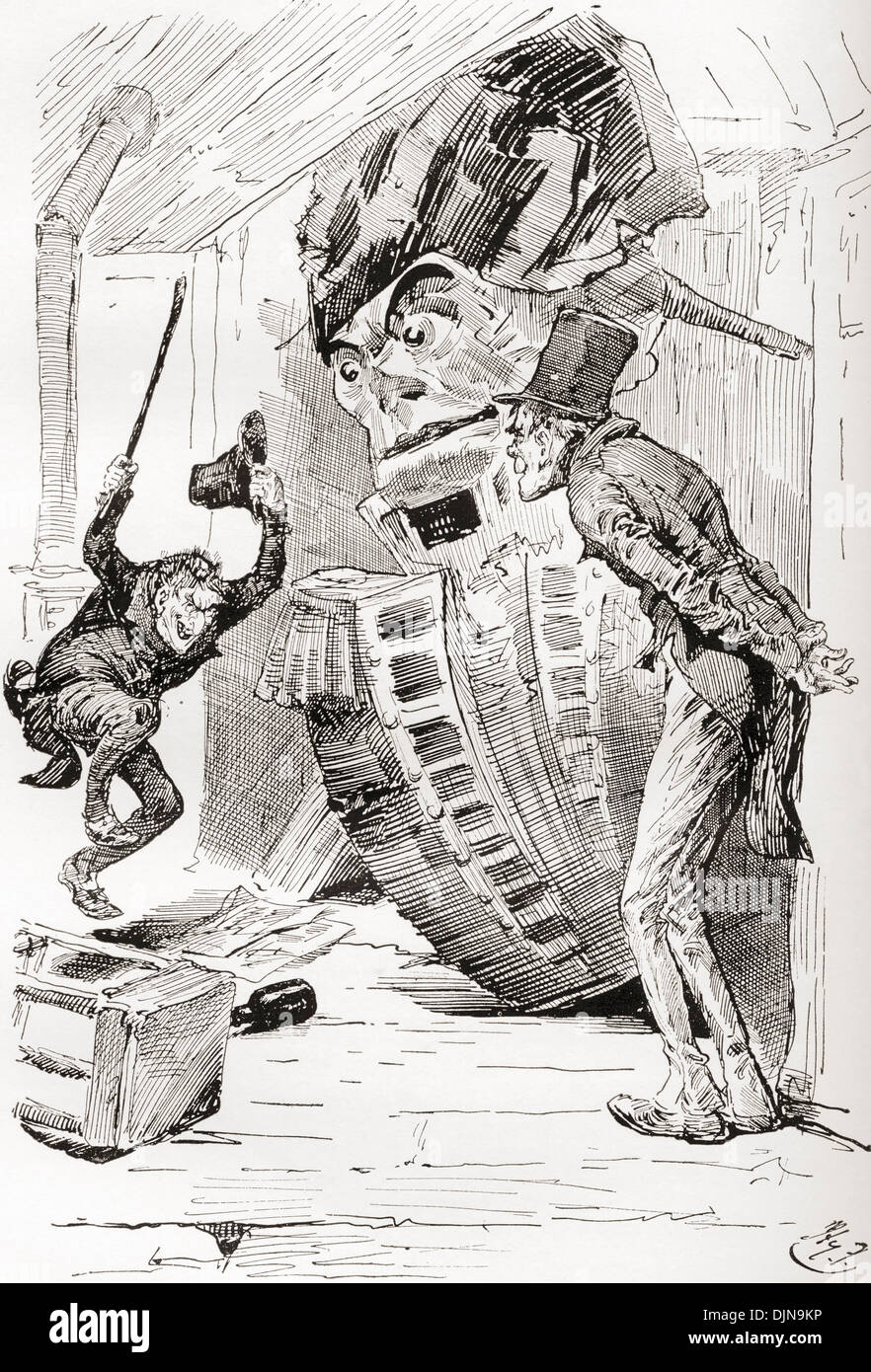 Le bocchette di Quilp il suo malgrado sulla figura di testa. Illustrazione di Harry Furniss di Charles Dickens romanzo Il vecchio negozio di curiosità. Foto Stock