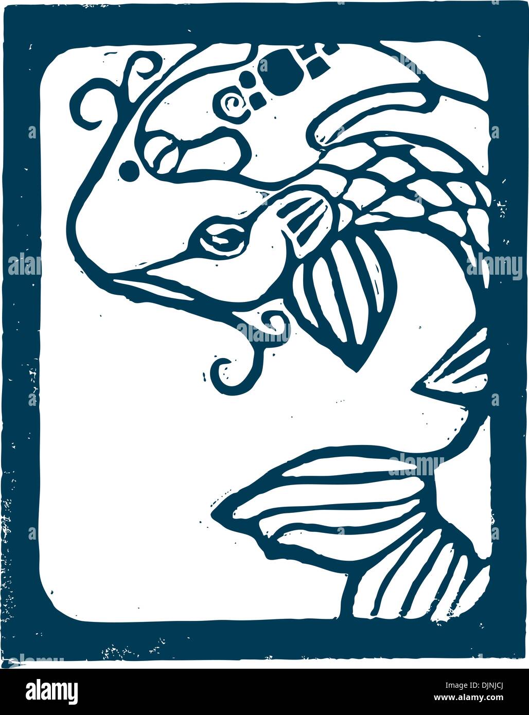 Woodblock stampa di pesci koi in blu. Illustrazione Vettoriale