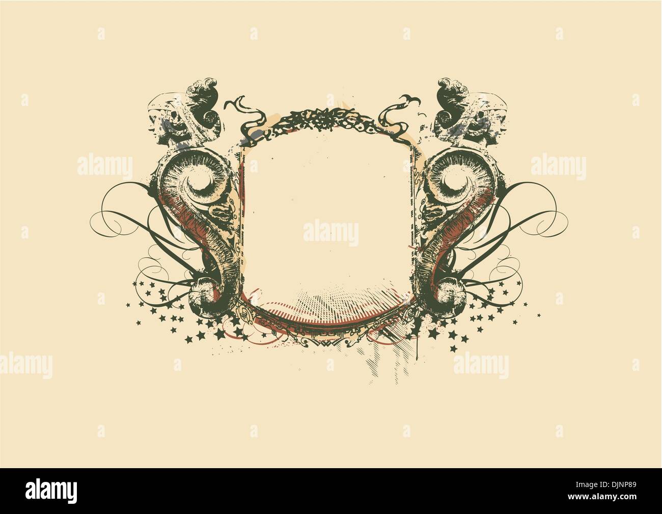 Cornice decorativa con ornamento araldico ed elementi scultorei su sfondo grunge. illustrazione vettoriale Illustrazione Vettoriale