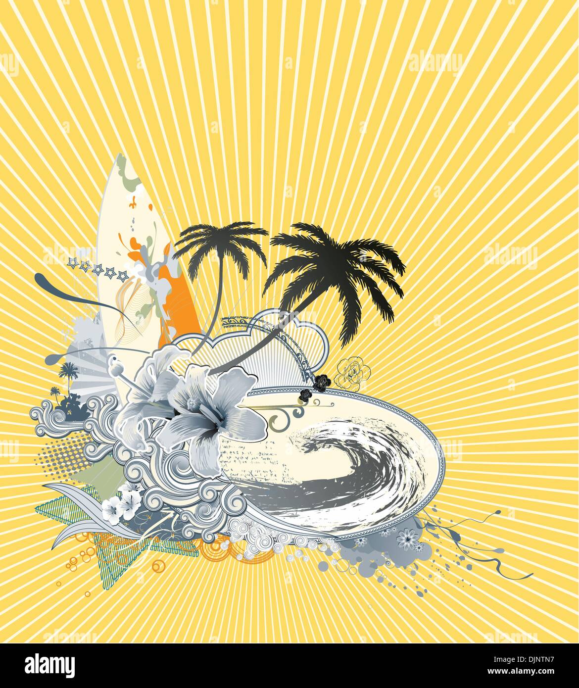 Illustrazione Vettoriale di estate composizione con tavola da surf più grande onda, hibiscus, palme silhouette e ricci strisce retrò Illustrazione Vettoriale