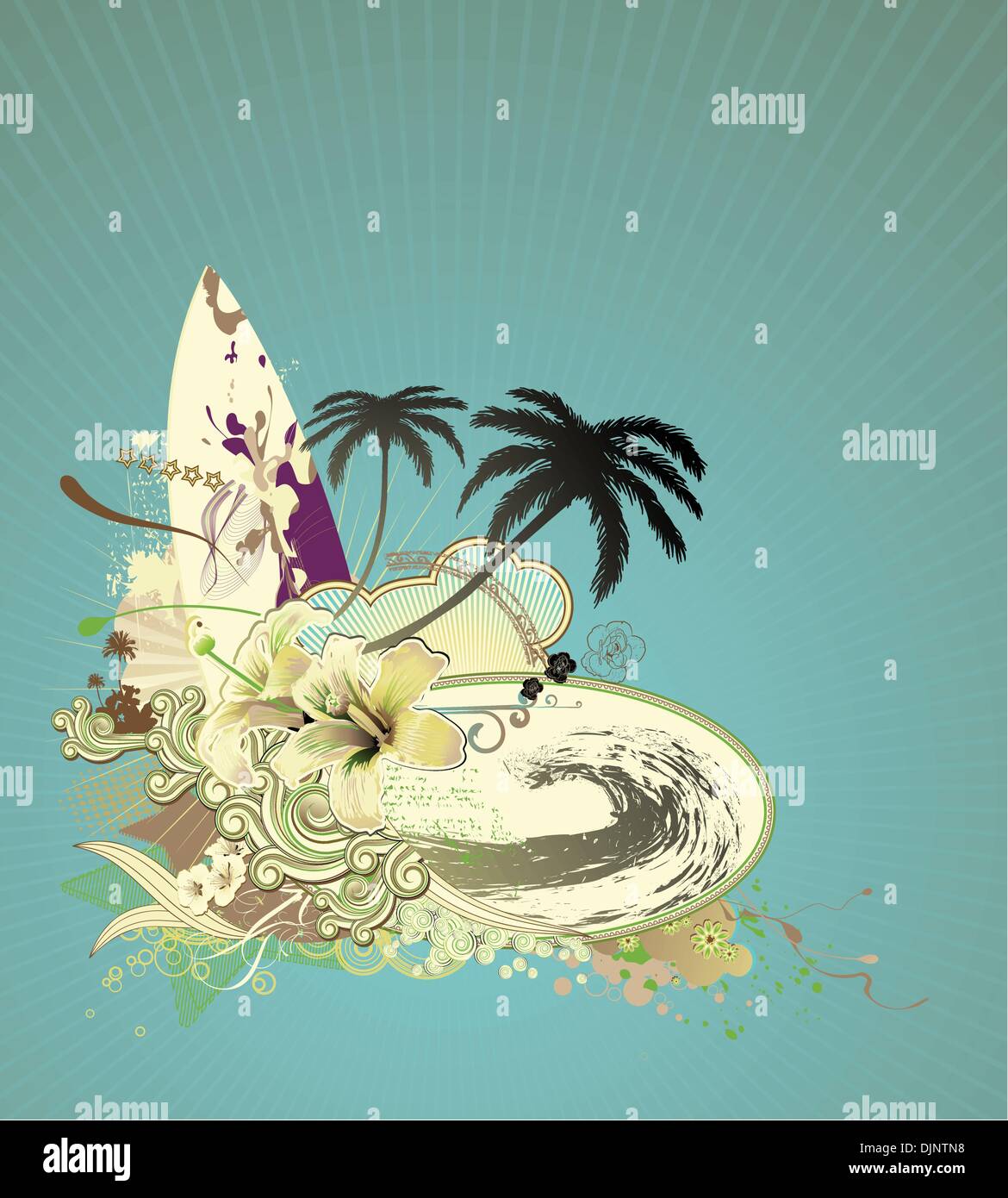 Illustrazione Vettoriale di grunge composizione con tavola da surf su raggi di sole, big wave, hibiscus, palme silhouette e riccio ri Illustrazione Vettoriale