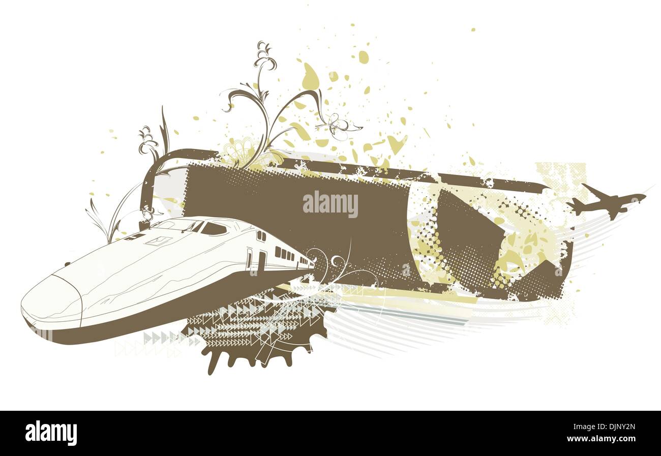 Illustrazione Vettoriale di grunge stile urbano lo sfondo con il treno e aereo Illustrazione Vettoriale