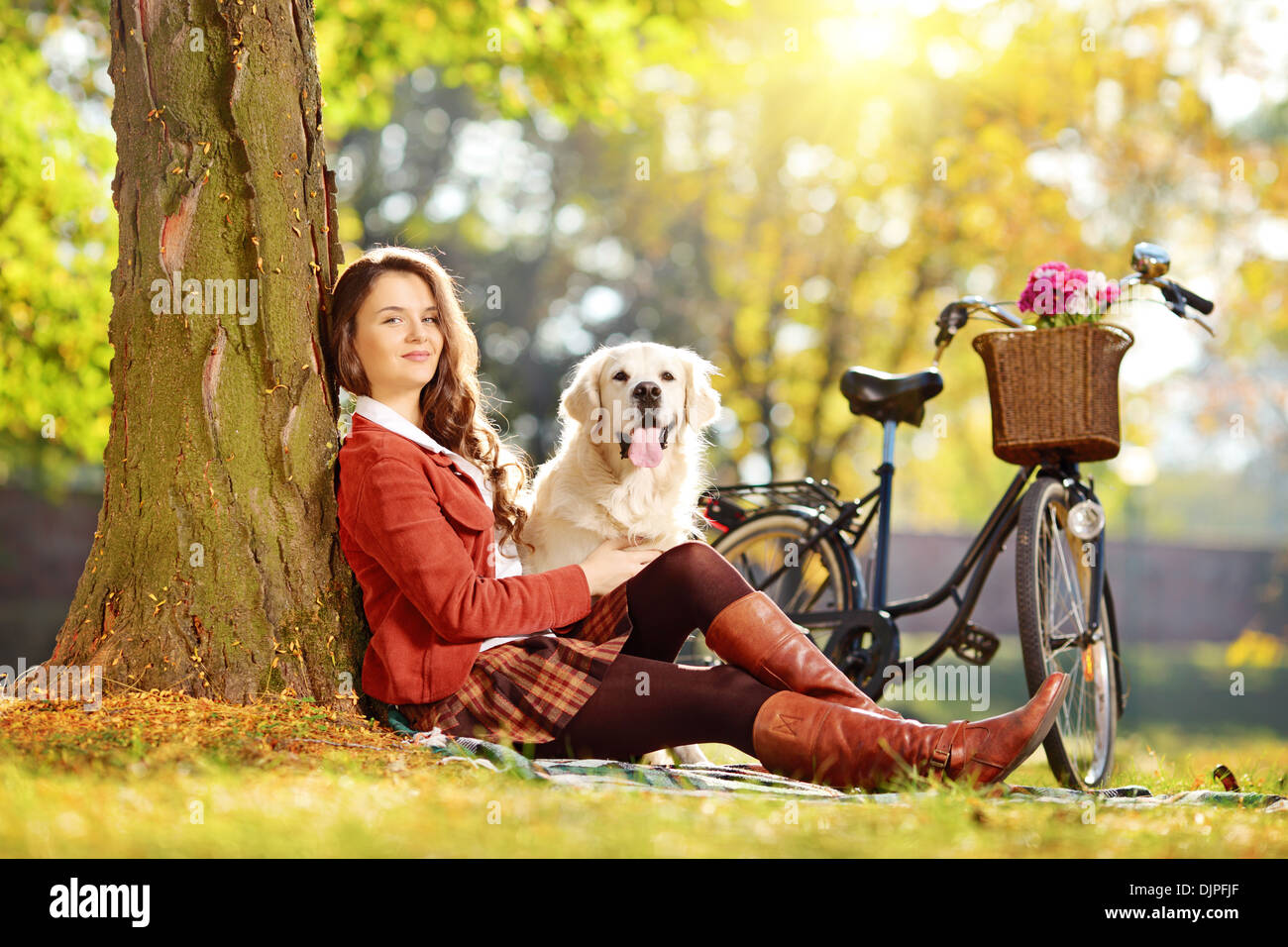 Giovane donna seduta su un prato con il suo cane in un parco Foto Stock