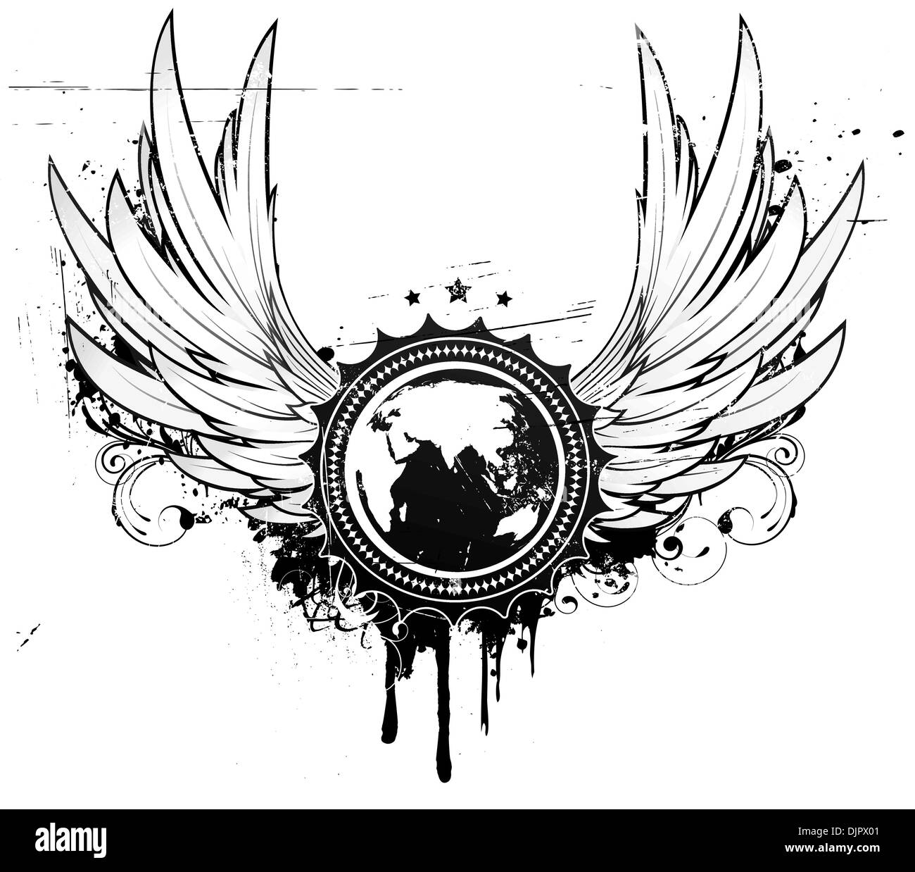 Illustrazione Vettoriale di grunge insegne o badge con due ali, elementi floreali e un globo nella parte centrale della composizione Illustrazione Vettoriale