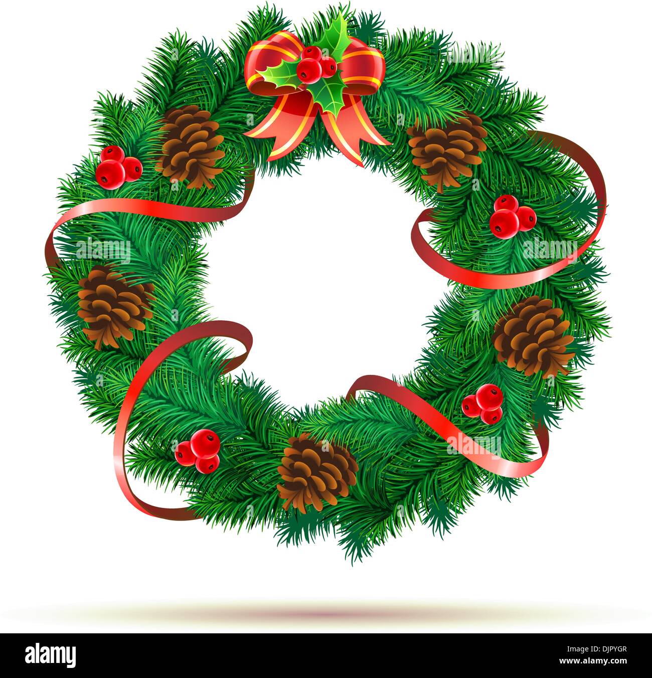 Illustrazione Vettoriale di corona verde con nastro rosso, pigne nelle quali, holly foglie e bacche e fiocco rosso Illustrazione Vettoriale