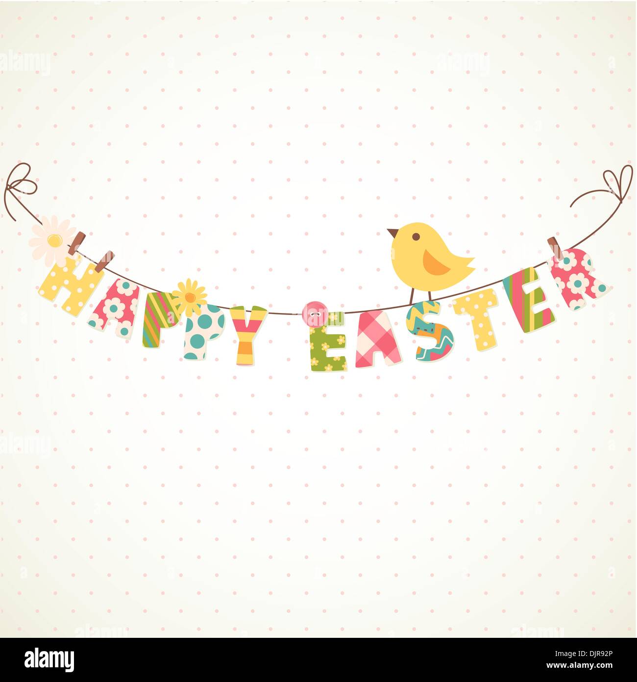 Carino Felice Pasqua card. Stendibiancheria con lettere su di esso. Illustrazione Vettoriale