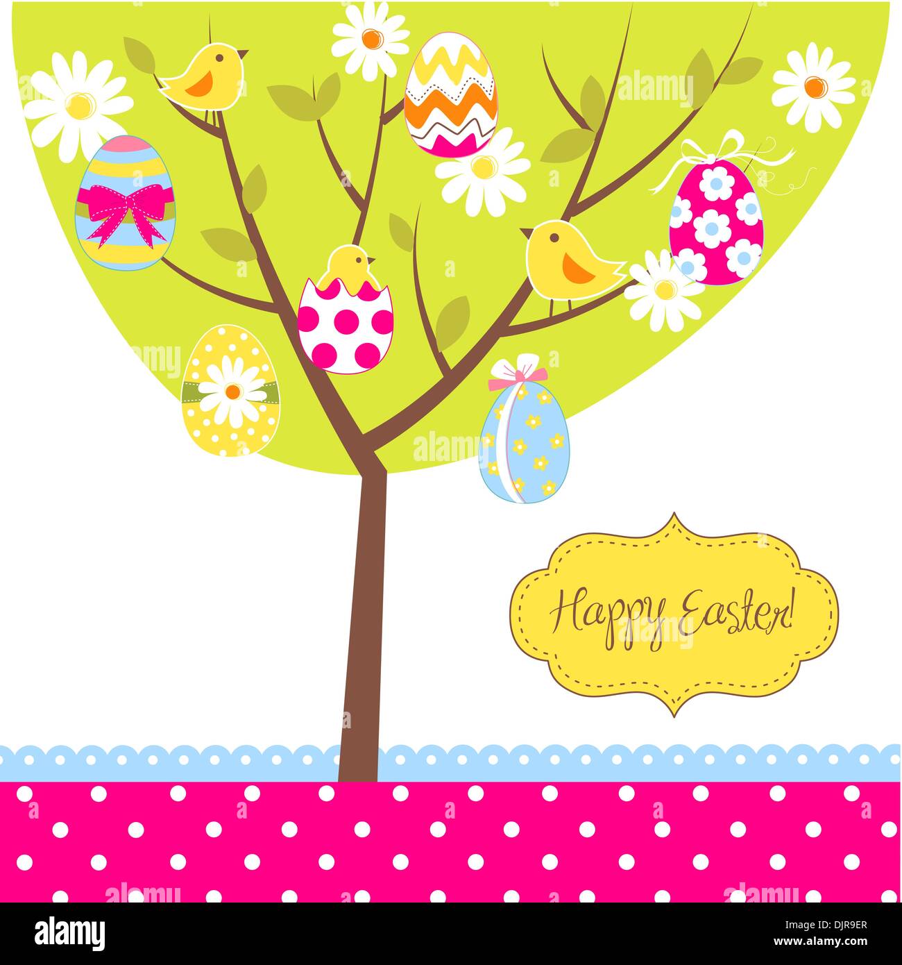 Retrò Easter card con un albero, dipinto di uova e pulcini, fiori e altri elementi di Carini Illustrazione Vettoriale