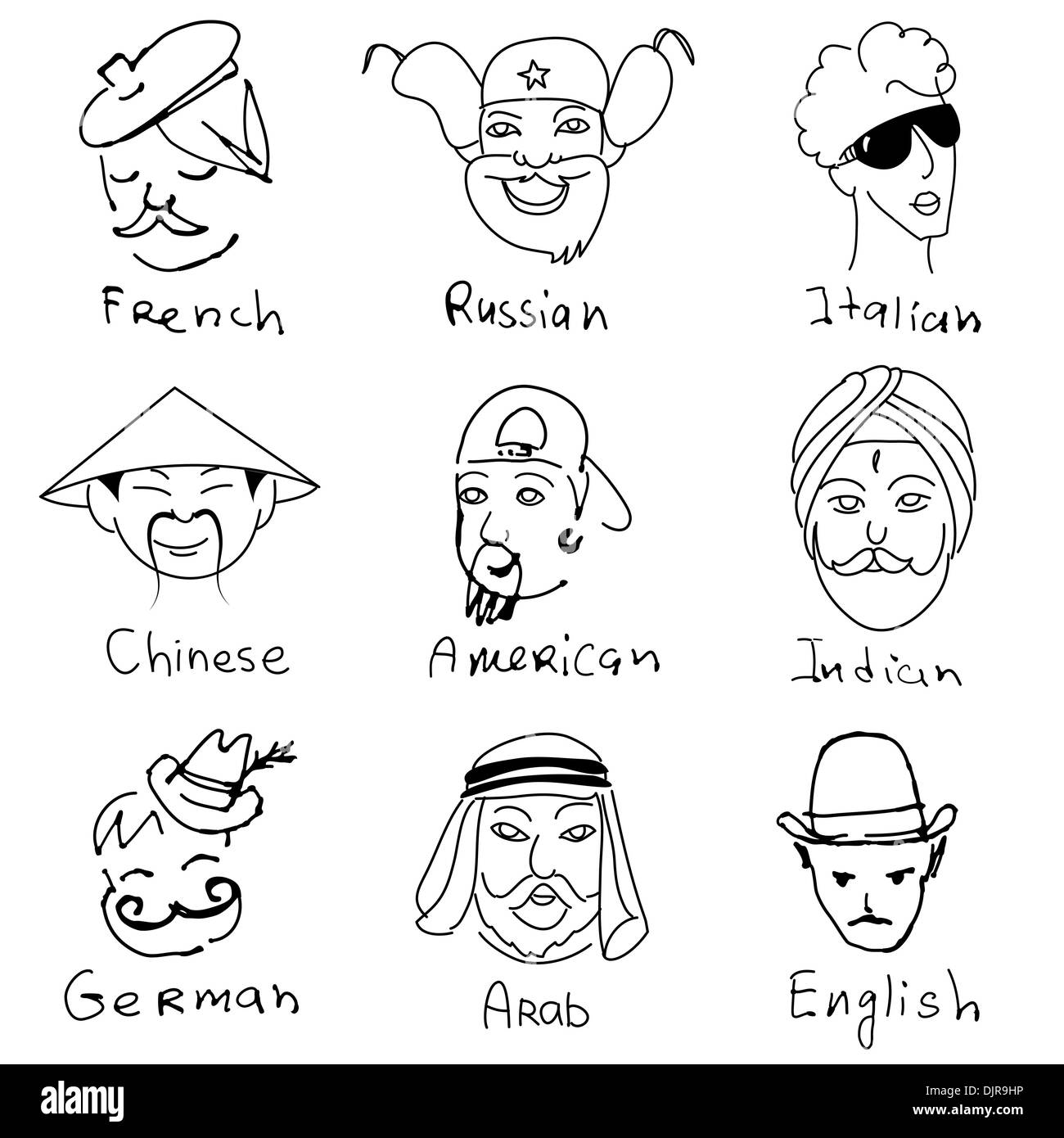 Diversi gli stereotipi di nazionalità provenienti da tutto il mondo. Disegnata a mano scarabocchi. Illustrazione Vettoriale
