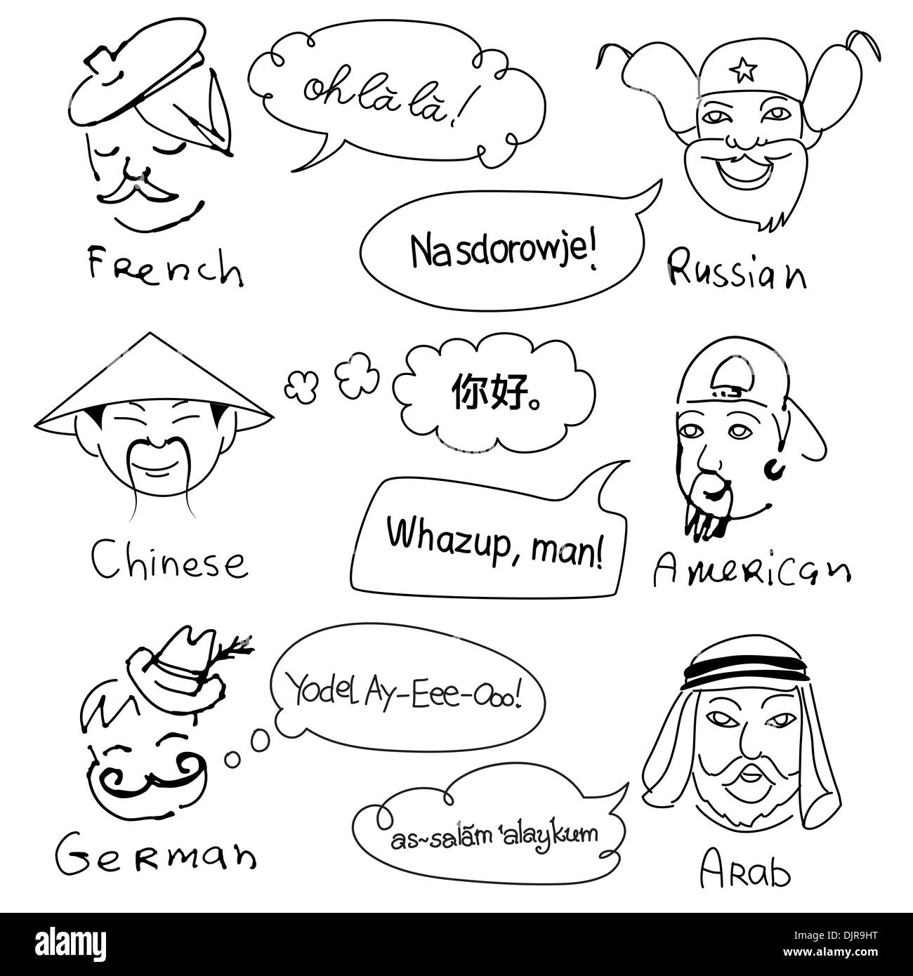 Diversi gli stereotipi di nazionalità provenienti da tutto il mondo. Disegnata a mano scarabocchi. Illustrazione Vettoriale