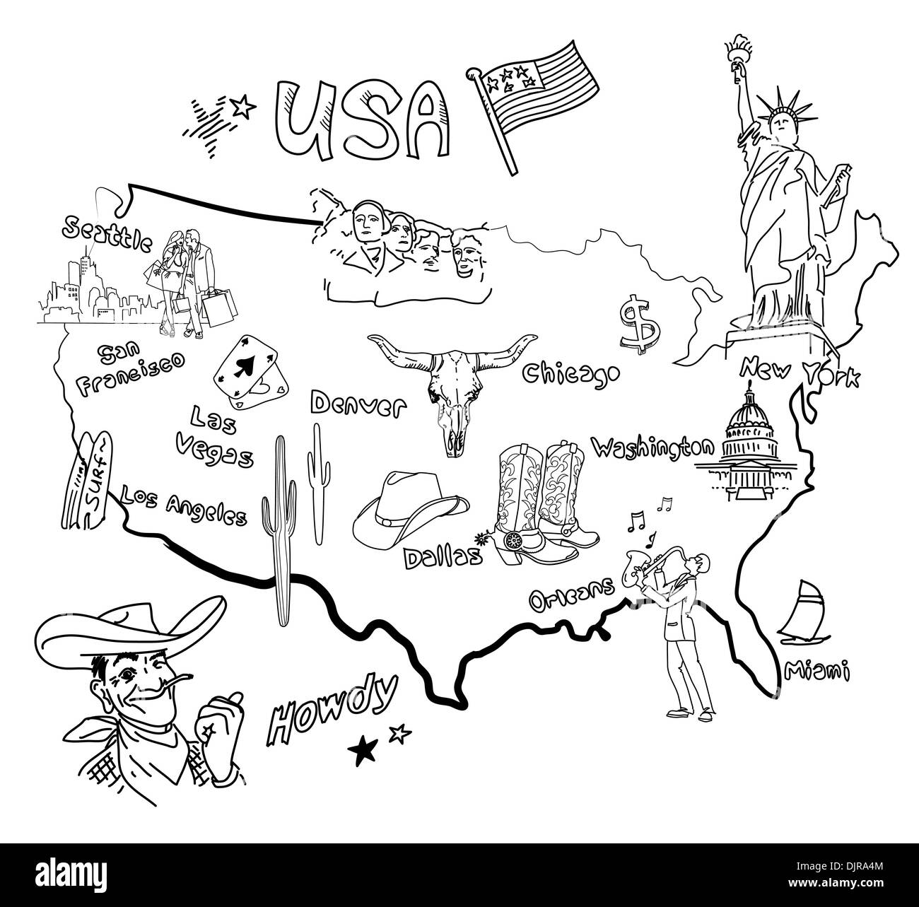 Mappa stilizzata dell America. Cose che diverse regioni in Stati Uniti d'America sono famosi per la. Illustrazione Vettoriale