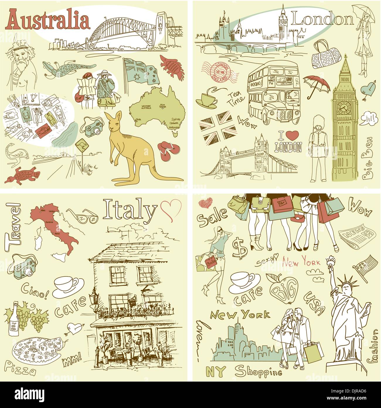 L'Italia, Inghilterra, Australia, Stati Uniti d'America - quattro magnifiche collezioni di disegnati a mano scarabocchi Illustrazione Vettoriale