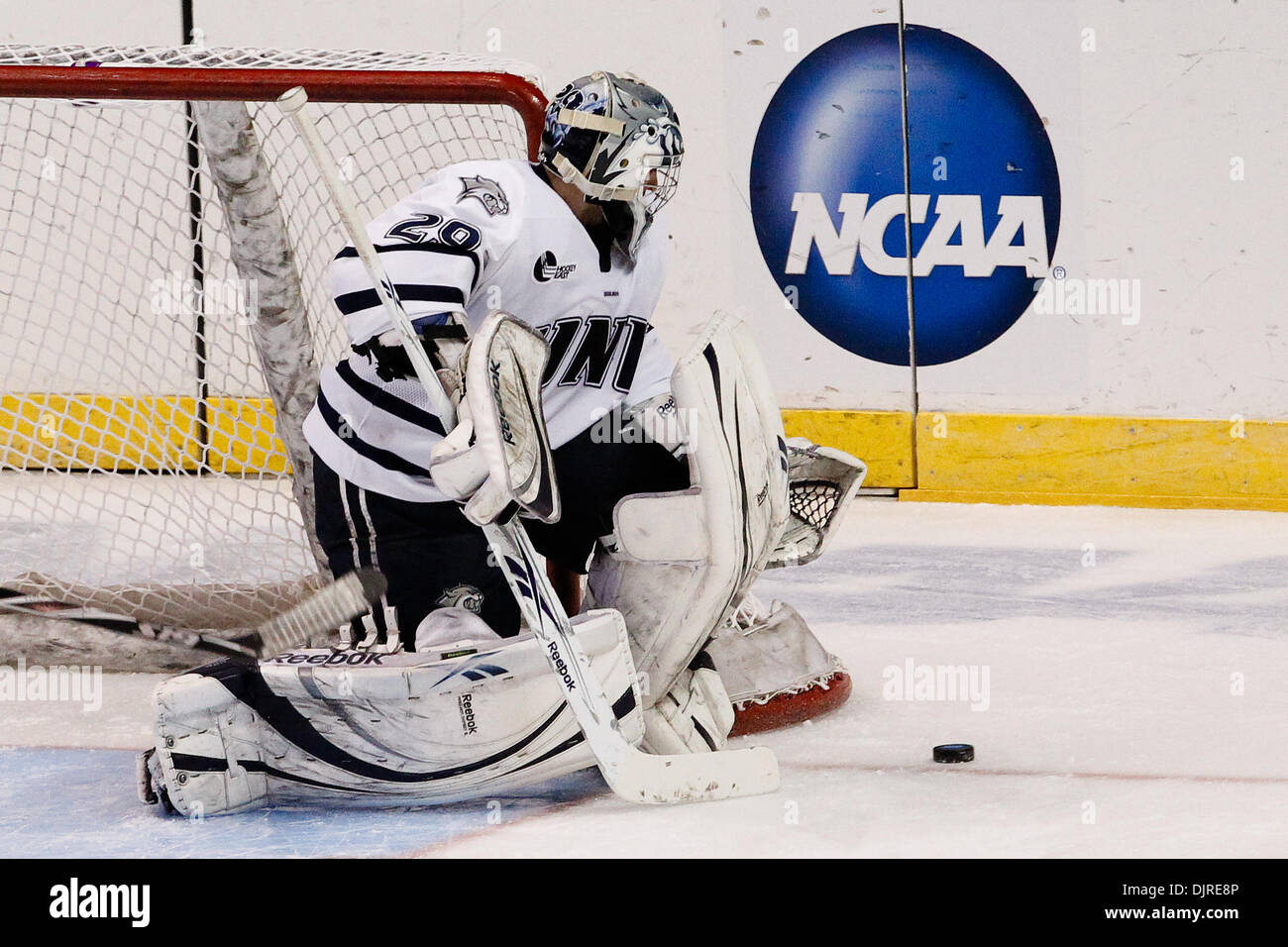 27 mar 2010 - Albany, New York, Stati Uniti - 27 Marzo 2010: New Hampshire Goalie Brian Foster (29) durante l'hockey su ghiaccio azione tra New Hampshire e Rochester Institute of Technology (RIT) ad est il torneo regionale finale del 2010 NCAA Hockey campionato svoltosi a volte Unione Centro in Albany, New York. Il tigri RIT sconfitto il New Hampshire Wildcats 6-2 per avanzare alla Foto Stock