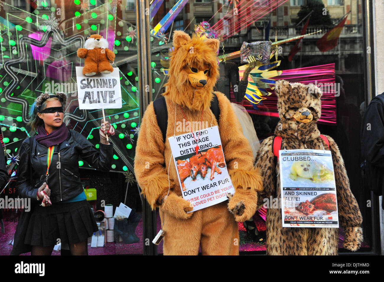 Knightsbridge di Londra, Regno Unito. Il 30 novembre 2013. Campagna per abolire il commercio di pellicce (CAFT) manifestanti stare fuori da Harvey Nichols tenendo striscioni e cartelloni. Credito: Matteo Chattle/Alamy Live News Foto Stock