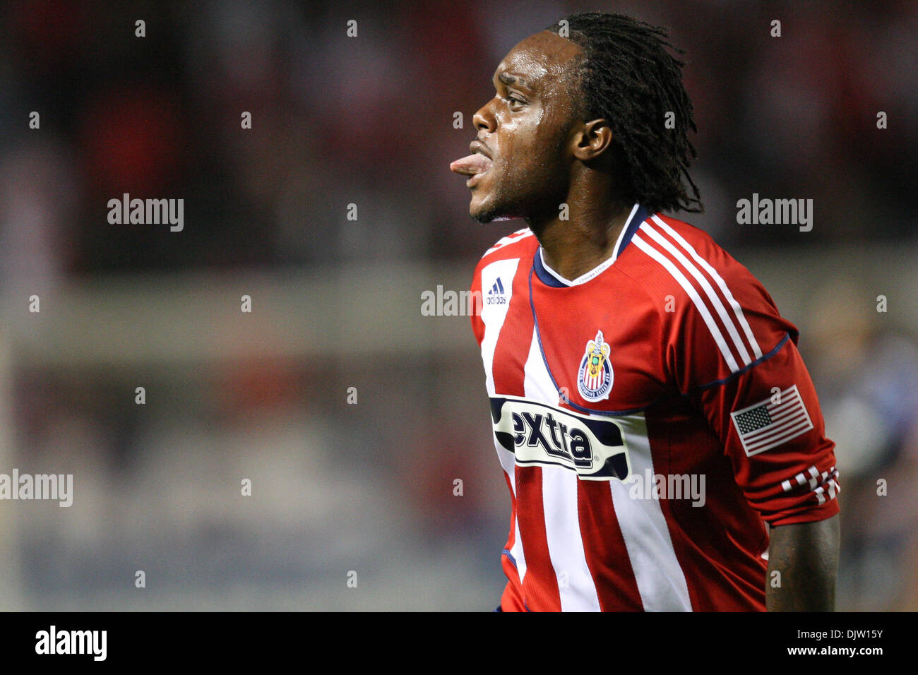 24 Aprile 2010: Chivas USA AVANTI #77 Chukwudi Chijindu celebra dopo un goal durante il Chivas USA vs San Jose terremoti gioco al Home Depot Center di Carson, California. Chivas è andato a sconfiggere i terremoti con un punteggio finale di 3-2. Credito: Brandon Parry / Southcreek globale di credito (Immagine: © Brandon Parry/Southcreek globale/ZUMApress.com) Foto Stock