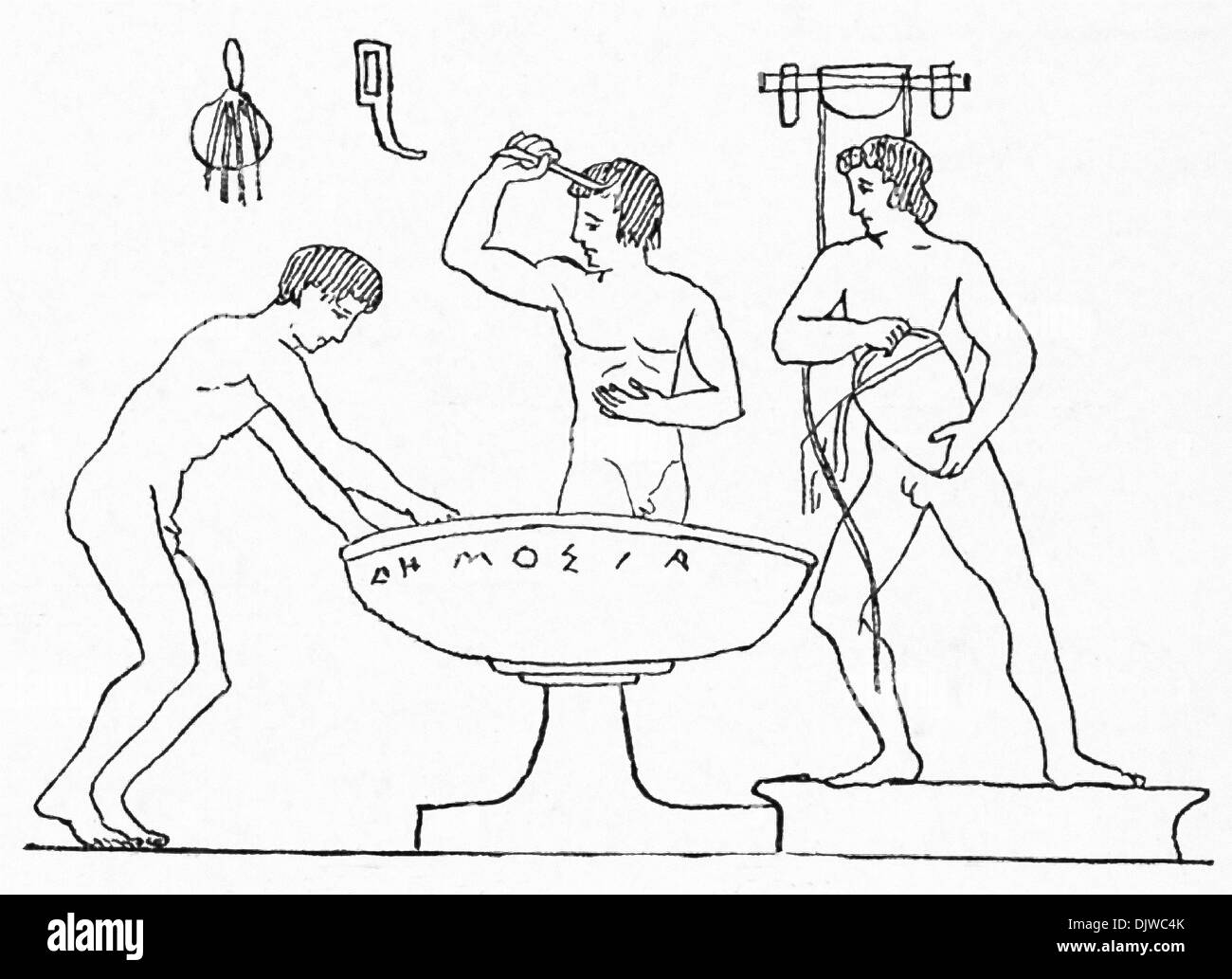 Questo rosso figurato vaso mostra di pittura il Greco antico giovani lavaggio dopo la pratica atletico. Nel centro è un grande lavabo in pietra. Foto Stock Questo rosso figurato vaso mostra di pittura il Greco antico giovani lavaggio dopo la pratica atletico. Nel centro è un grande lavabo in pietra. Foto Stock