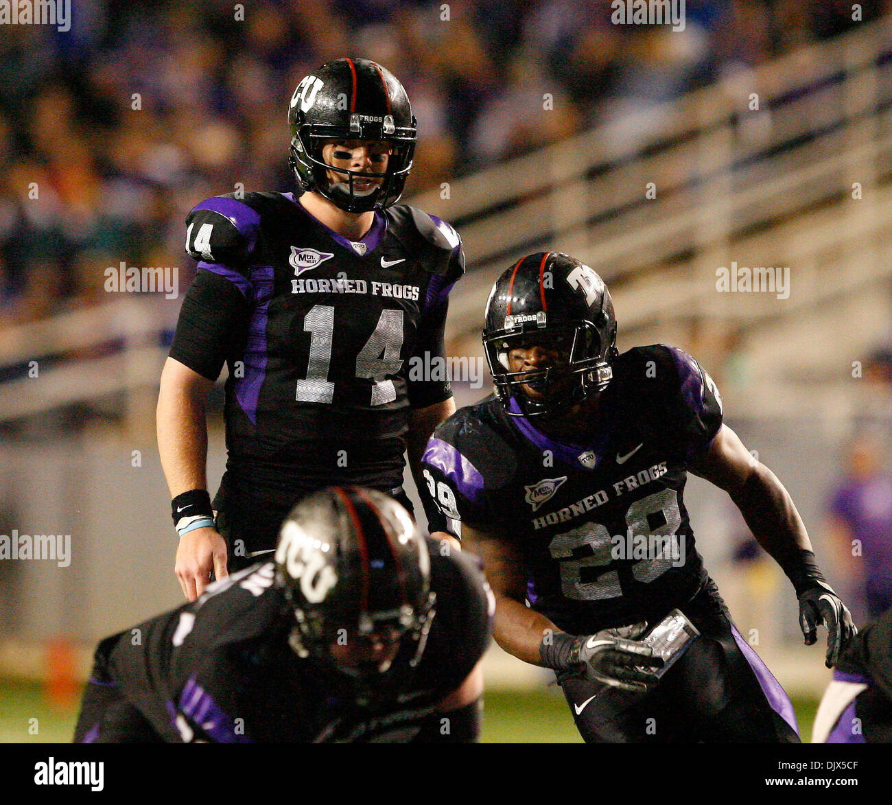 Ottobre 23, 2010 - Fort Worth, Texas, Stati Uniti d'America - TCU cornuto rane quarterback Andy Dalton #14 guarda oltre la difesa come TCU cornuto rane running back Matteo Tucker #29 va in moto durante il gioco tra la TCU cornuto le rane e le Air Force falchi al Amon G. Carter Stadium di Fort Worth, Texas. TCU Beat the Air Force 38-7. (Credito Immagine: © Matt Pearce/Southc Foto Stock