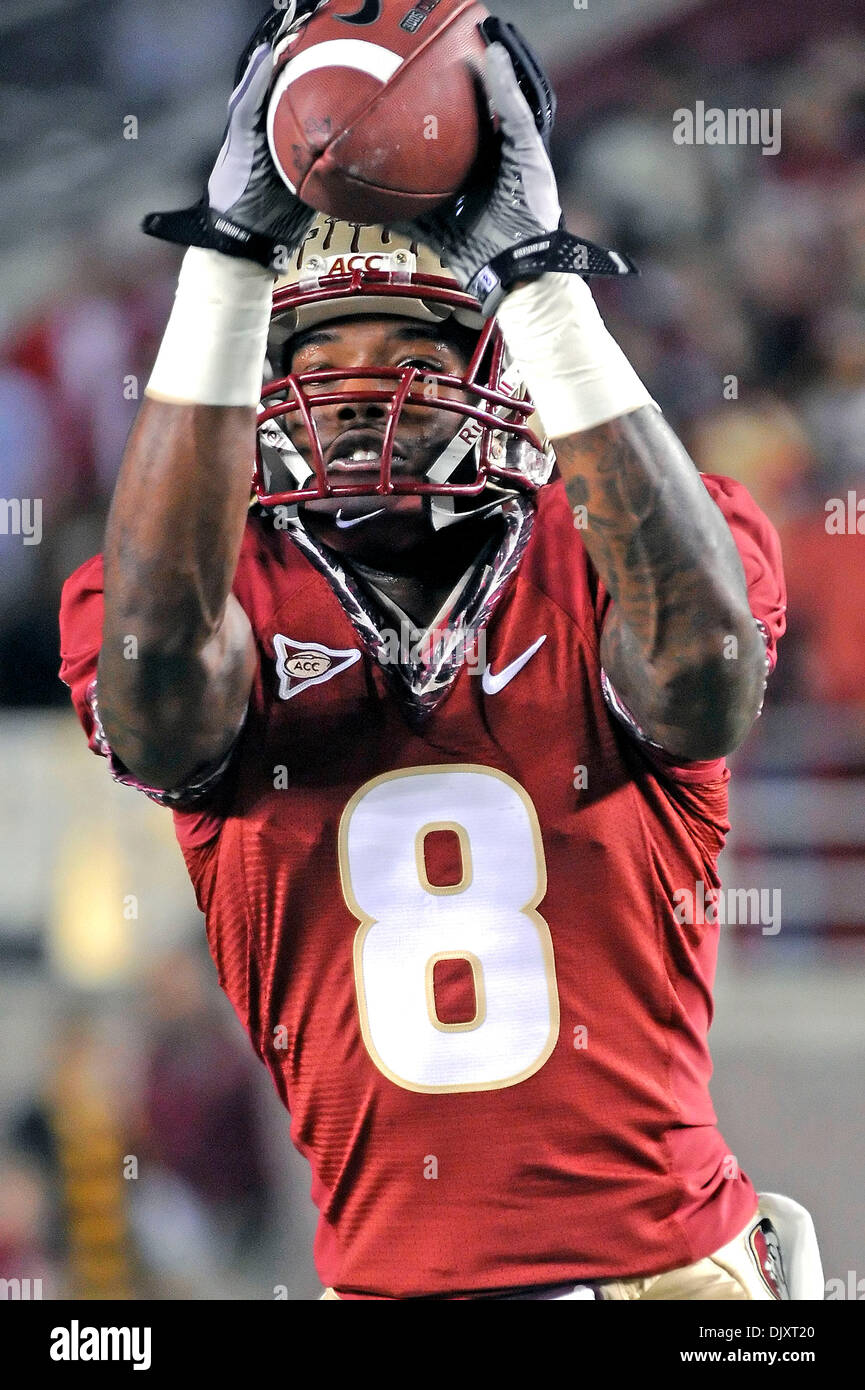 Nov. 13, 2010 - Tallahassee, Florida, Stati Uniti d'America - 13 Novembre 2010: . Stato della Florida WR Taiwan Easterling (8) balza alta per registrare la sua prima accoglienza del gioco nel secondo trimestre. FSU sconfitto Clemson16-13 a Doak Campbell Stadium di Tallahassee, Florida. (Credito Immagine: © Mike Olivella/ZUMApress.com) Foto Stock