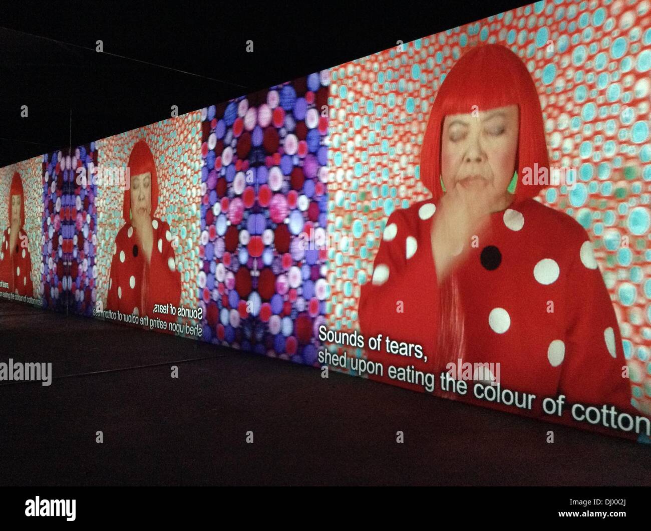 New York, NY, Novembre 29, 2013. 'Manhattan suicidio Addict,' una installazione video dalla mostra "Io che sono arrivati nel cielo da Yayoi Kusama al David Zwirner Gallery. Foto Stock