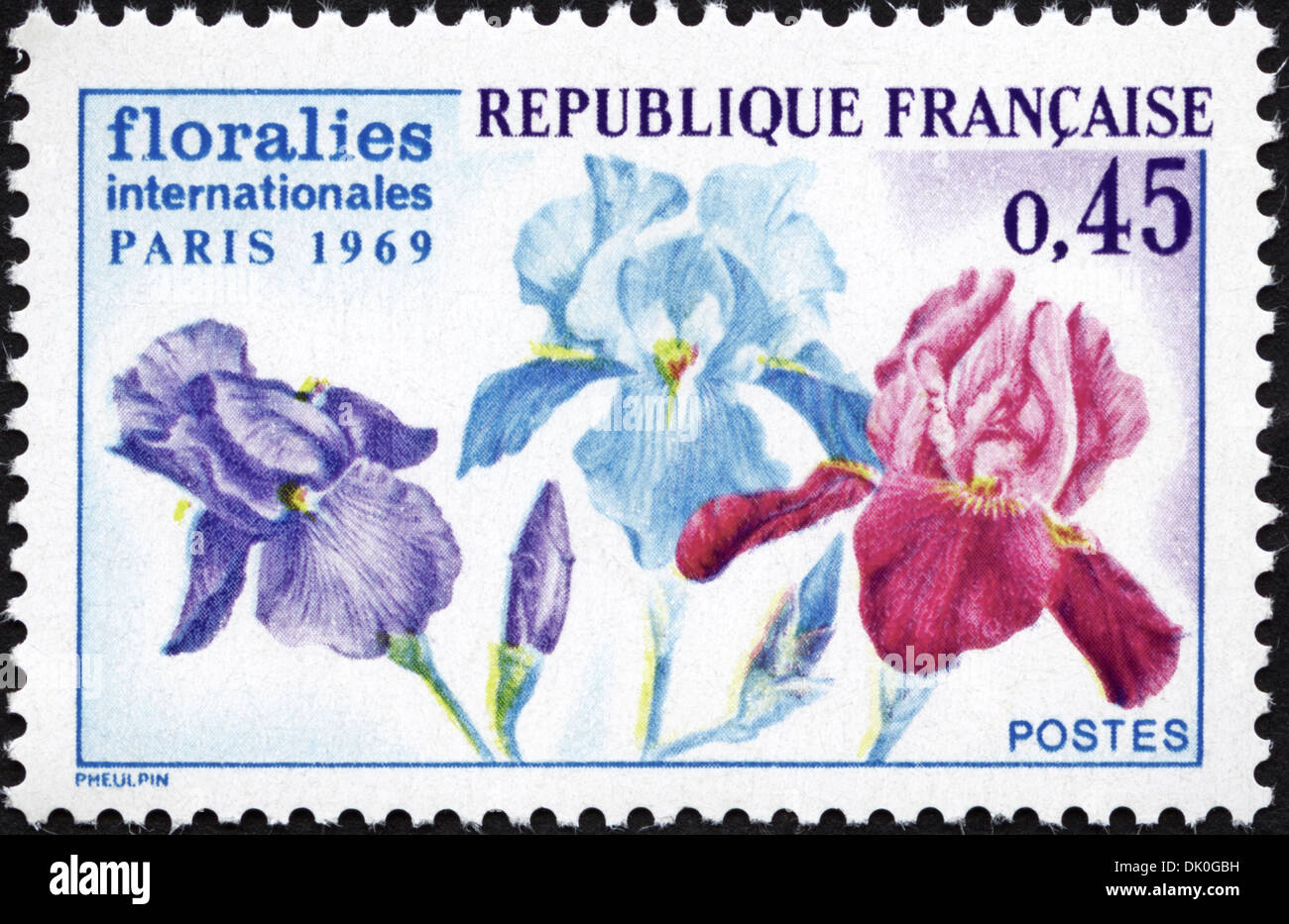Francobollo Repubblica francese 0,45 con motivi floreali International Exhibition 1969 rilasciato 1969 Foto Stock