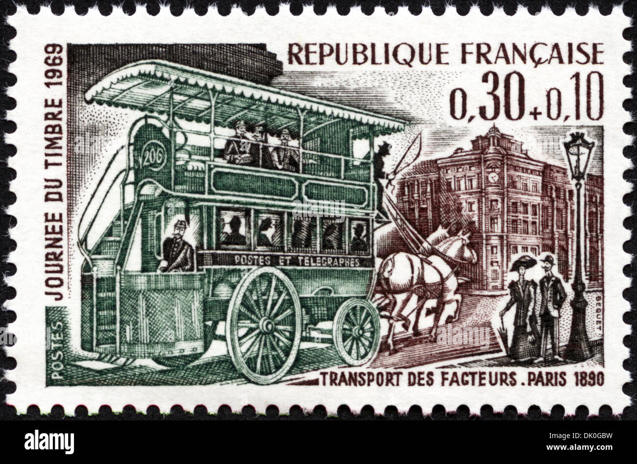 Francobollo Repubblica francese 0,30+0,10 con Post il trasporto con autobus rilasciato 1969 Foto Stock