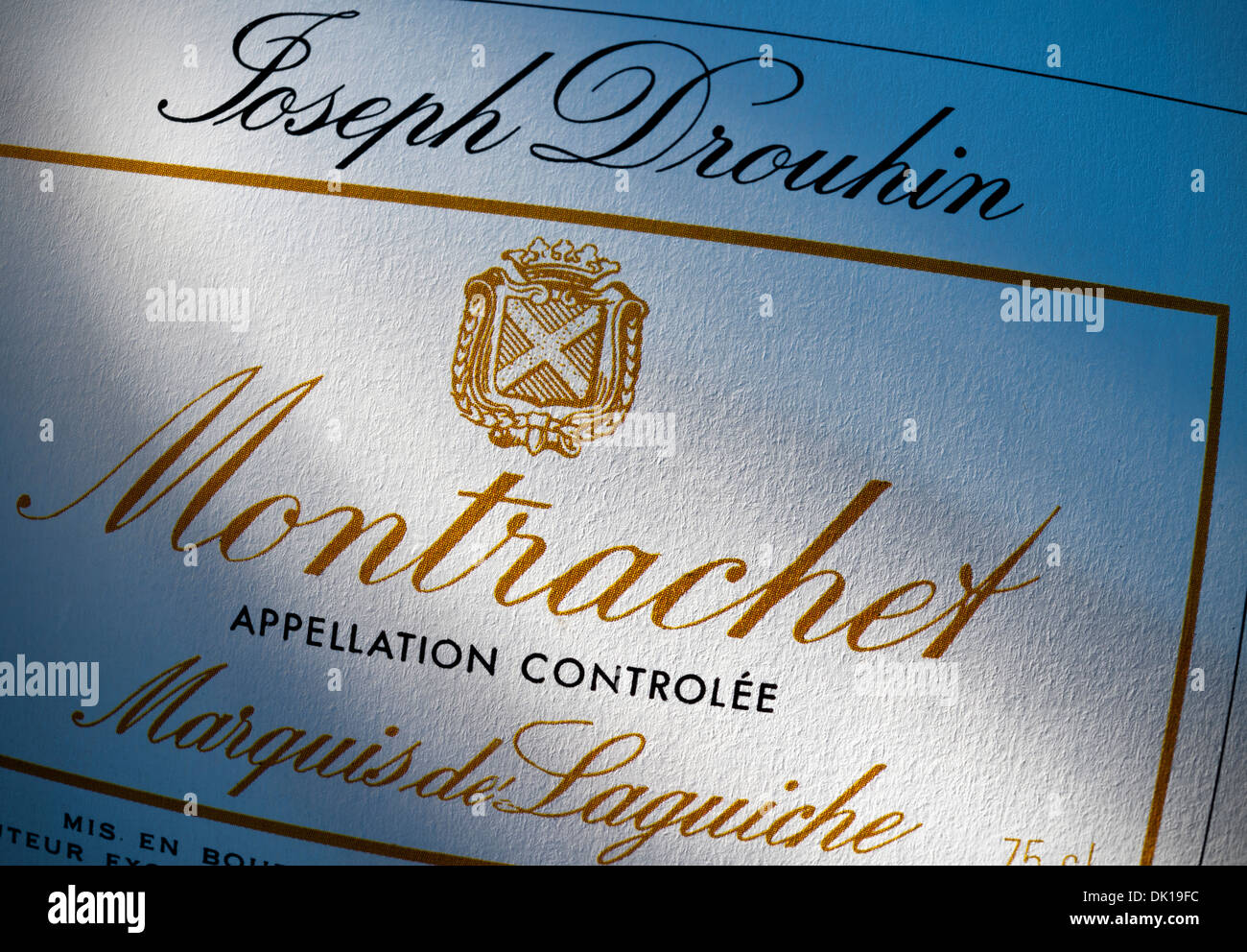 MONTRACHET GRAND CRU etichetta esclusiva fine ' Montrachet ' dal Marchese de Laguiche, negociante Joseph Drouhin Cote d'Or Borgogna Francia Côte de Beaune Foto Stock