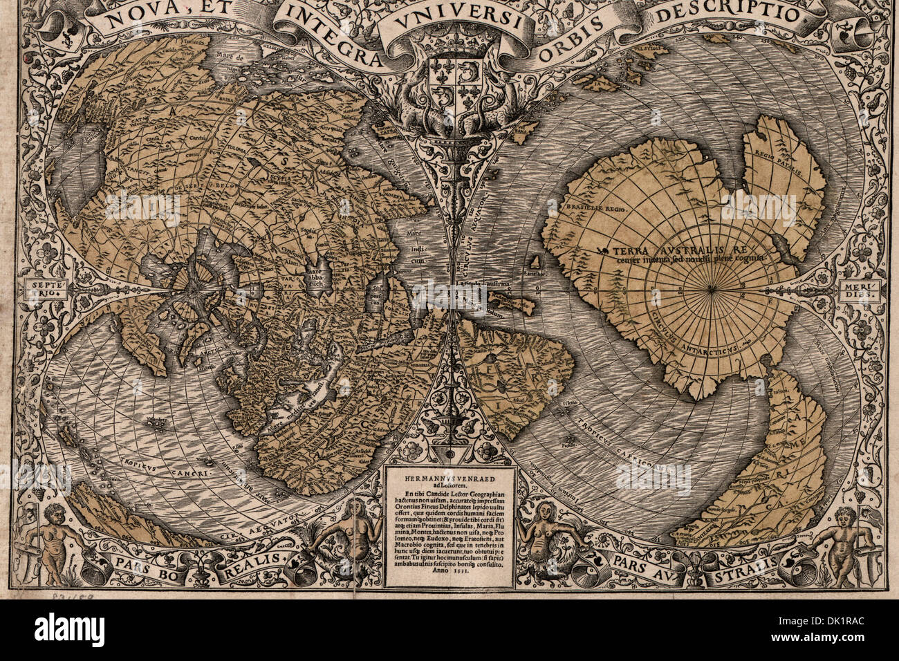 1531 Mappa del mondo di oggi è di nuovo e solidale al mondo intero una descrizione della nuova e completa di tutti i 1531 censimento della nova, e solidale al mondo intero una descrizione della Noua, et integra uniuersi orbis descriptio 1531 Foto Stock