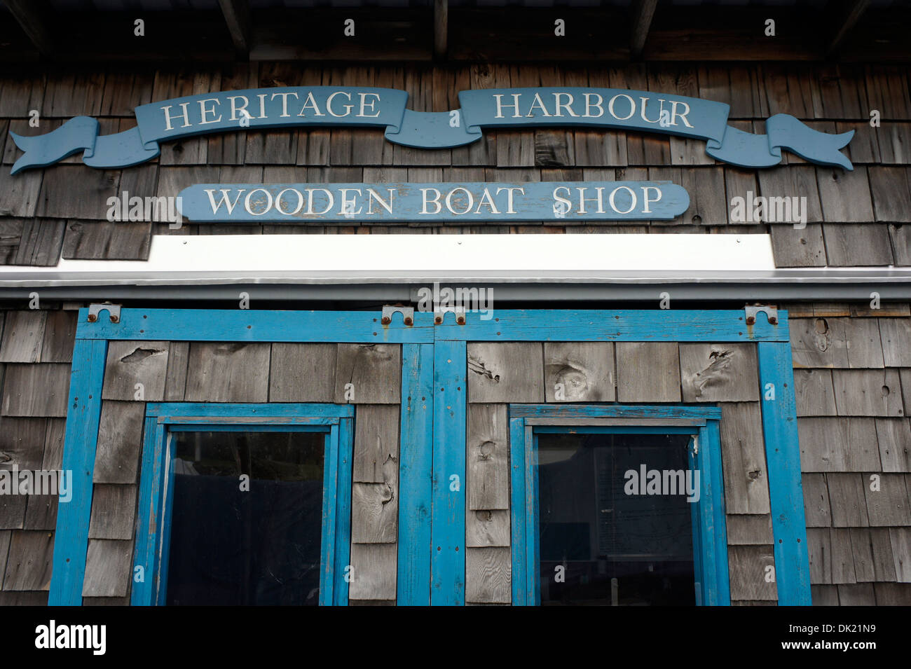 La barca di legno shop segno presso Heritage Harbour, English Bay, Vancouver, BC, Canada Foto Stock