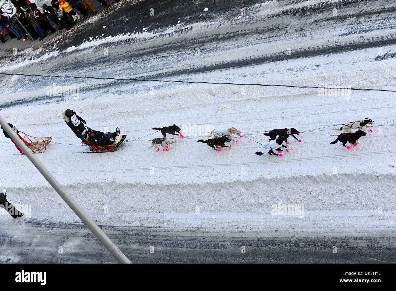 Mar 5, 2011 - Anchorage in Alaska, U.S. - Quattro volte vincitore Iditarod LANCE MACKEY decolla verso il basso 4a Avenue, Anchorage in Alaska,, Iditarod 2011. (Credito Immagine: © Ron Levy/ZUMAPRESS.com) Foto Stock