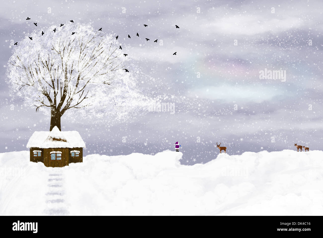 Illustrazione invernale con una ragazza e cervi, una casa isolata e un albero. Foto Stock