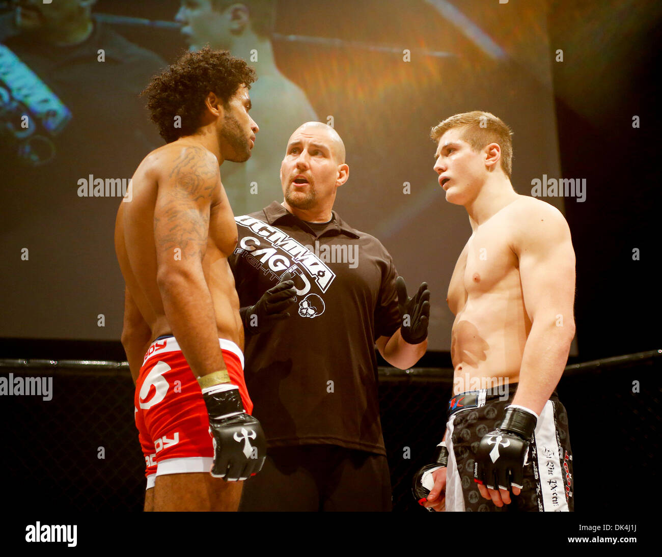 Londra, Regno Unito. 30 Novembre, 2013. L'UFC arbitro signor Leon Roberts dà le sue istruzioni a Matt Robinson (sinistra) e Marvin Vettori durante UCMMA 37 dal Troxy Theatre London REGNO UNITO. © Azione Sport Plus/Alamy Live News Foto Stock