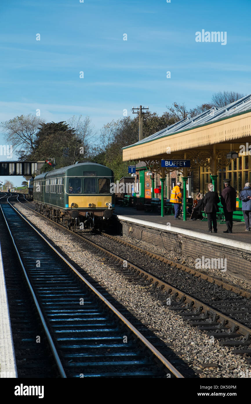 Vista di Sheringham linea Heritage stazione ferroviaria, Norfolk. Foto Stock