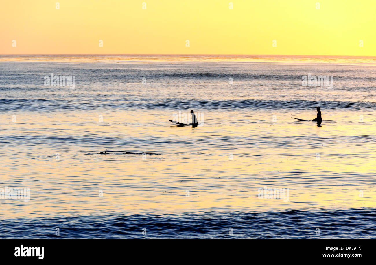 Surfisti a un punto da surf noto come rifiuti del Nord. Sunset Cliffs parco naturale, San Diego, California, Stati Uniti. Foto Stock