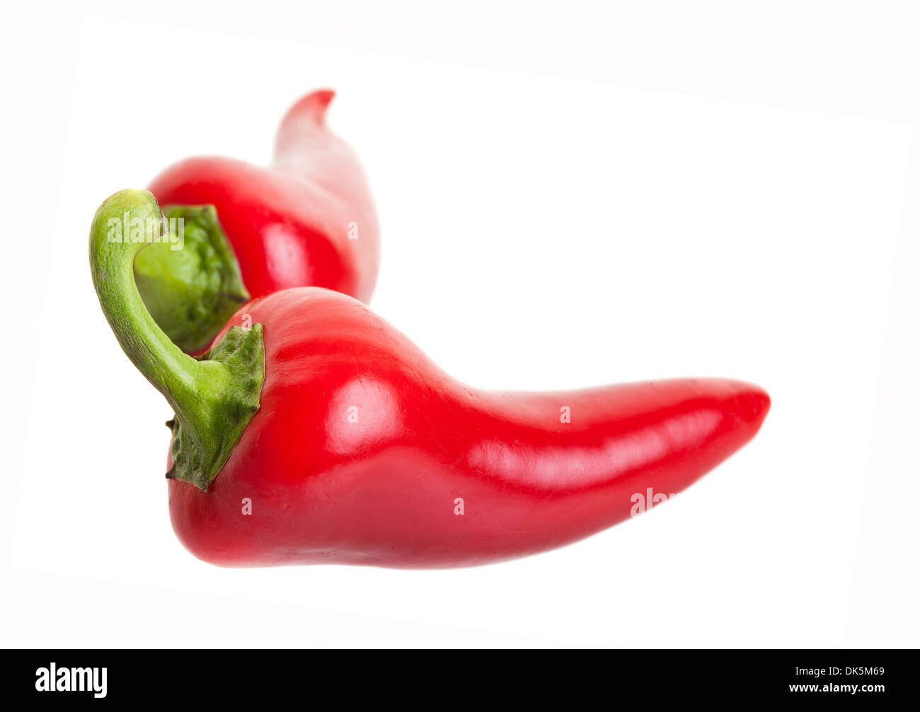 Due red hot jalapeño peperoni su sfondo bianco Foto Stock