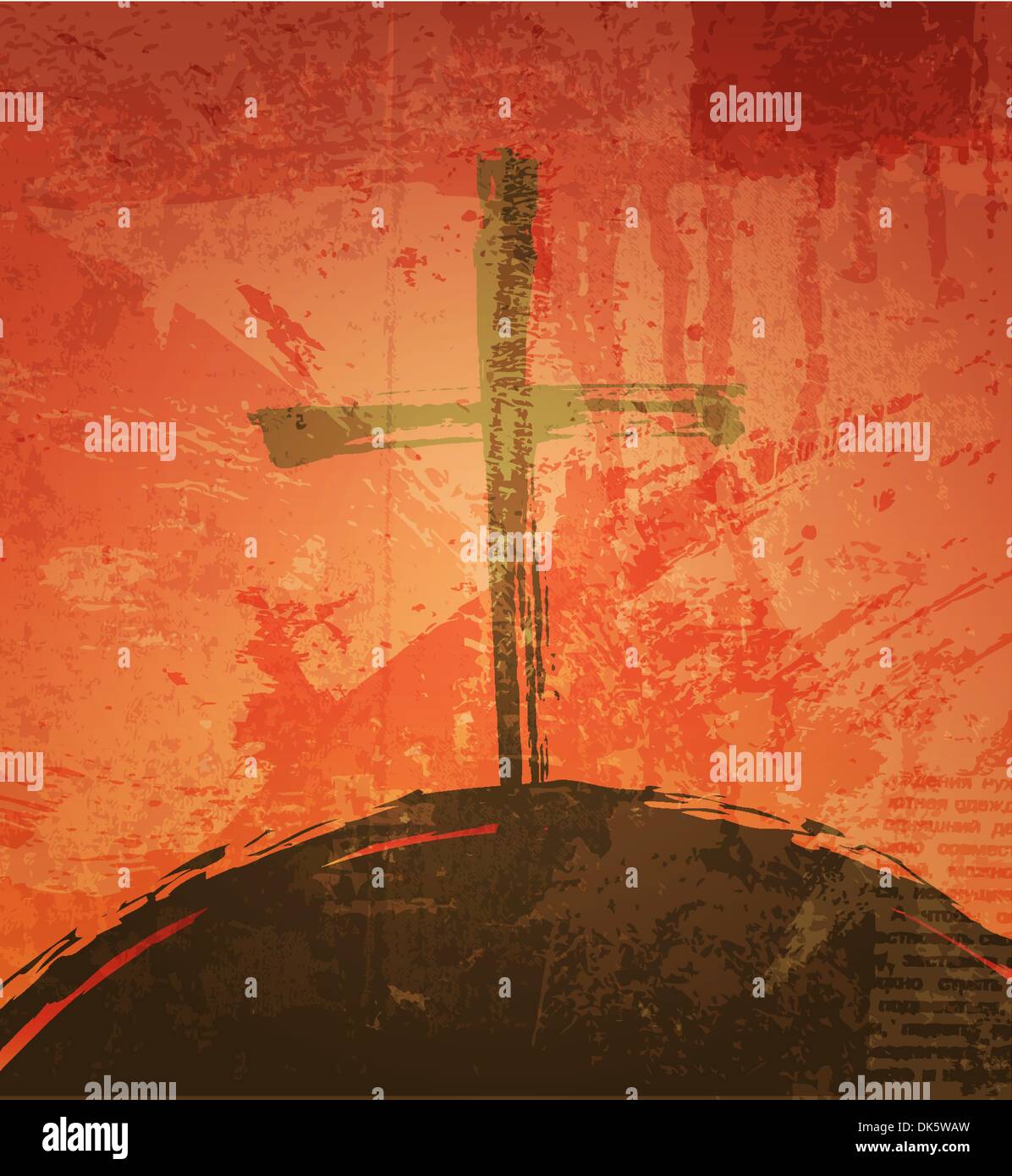 La croce sul grunge background. Il concetto biblico. Tramonto Illustrazione Vettoriale