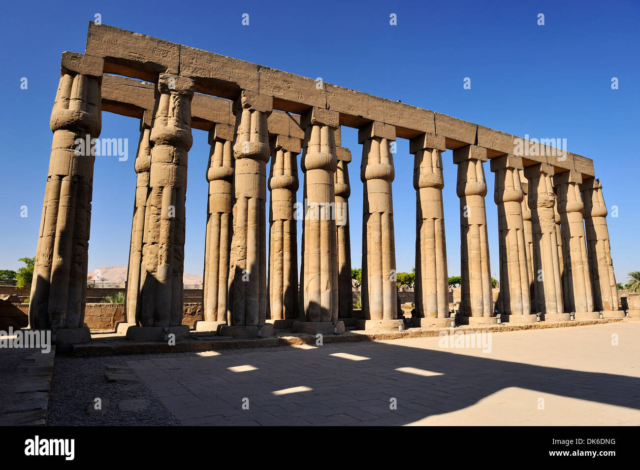 Colonne con cluster di papiro bud capitelli in Corte di Amenhotep III - Tempio di Luxor, Egitto Foto Stock