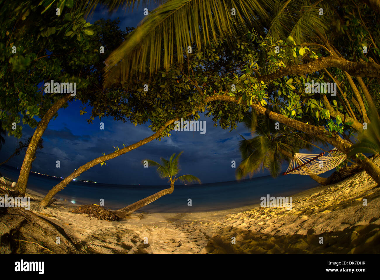 Amaca in tra alberi di palma con sabbia bianca e blu chiaro di acqua su un Paradiso Isola Bounty nelle Maldive di notte Foto Stock