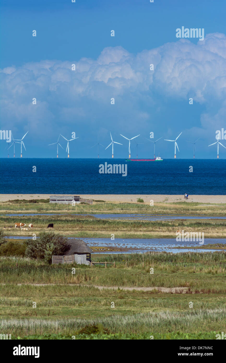 Vista di Cley riserva naturale che mostra il Mare del Nord e Sheringham Shoal per centrali eoliche in distanza Foto Stock