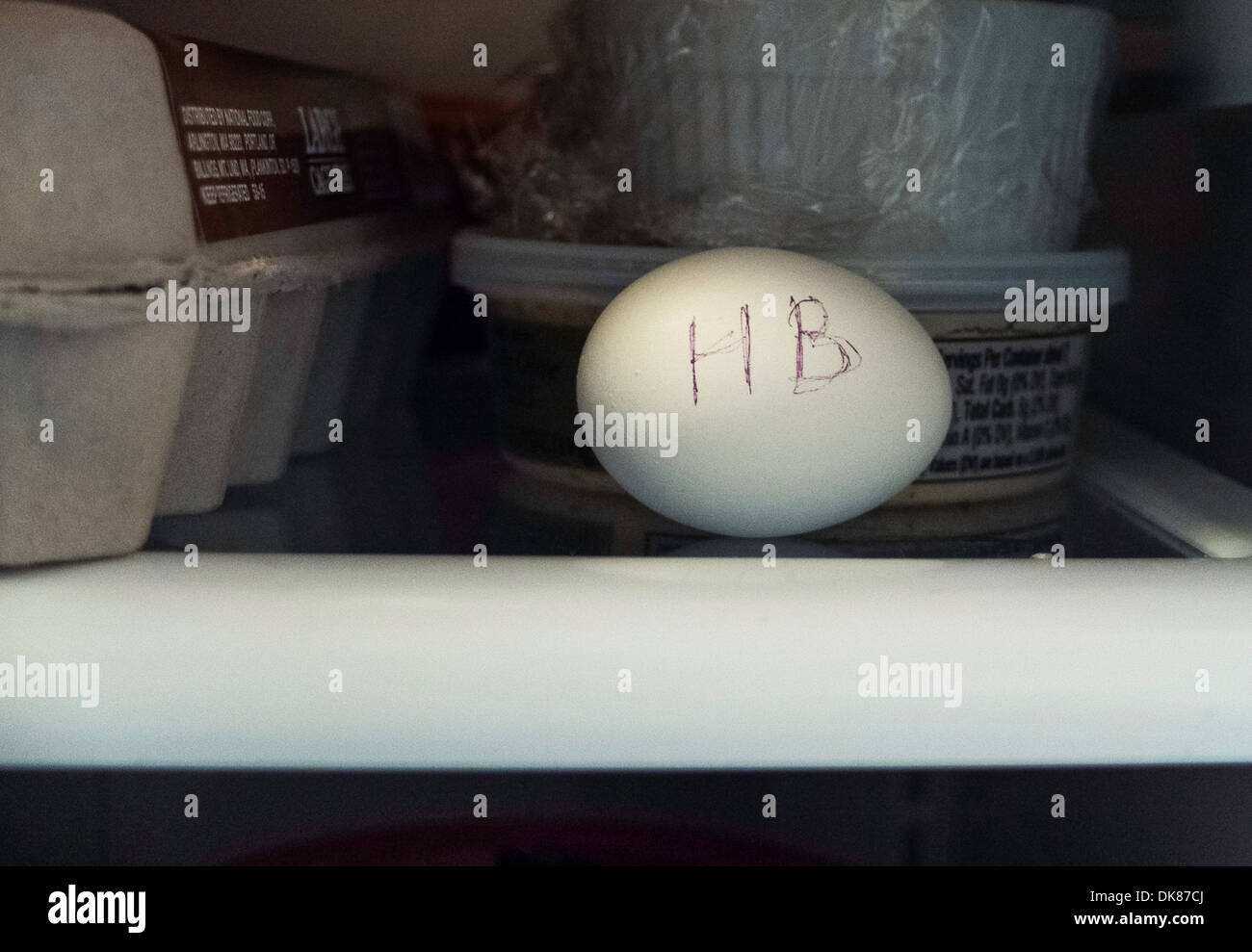 Solo uova sode, denominata HB sul ripiano in frigorifero accanto al cartone di uova Foto Stock