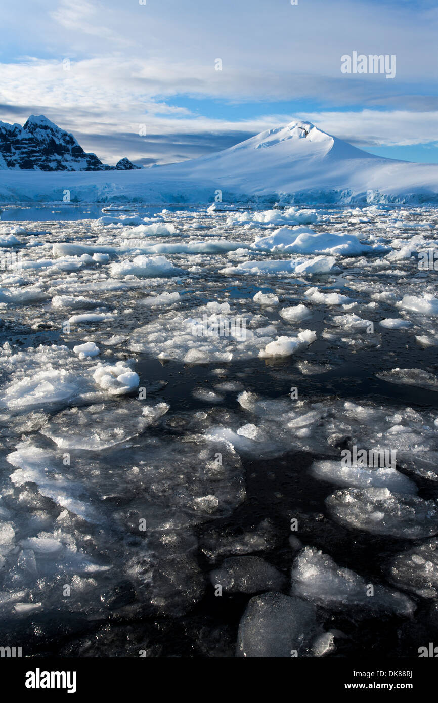 L'Antartide, Port Lockroy, ghiaccio riempie il canale Nuemeyer vicino a picchi di montagna che si eleva al di sopra isola Wiencke lungo la Penisola Antartica Foto Stock