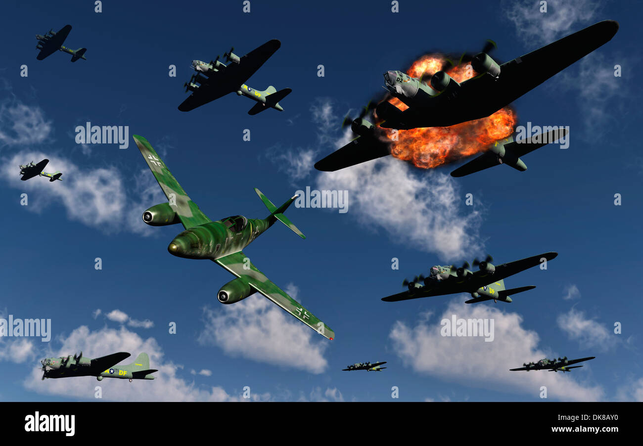 Un tedesco Messerschmitt 262 jet fighter, attaccando American B-17 bombardieri. Foto Stock