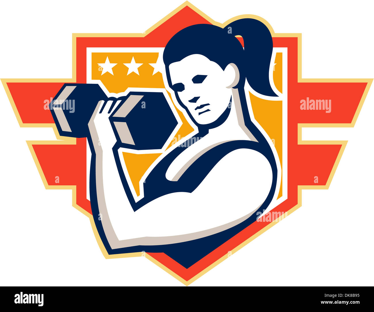 Illustrazione di una donna di sollevamento di peso dumbbell training set all'interno della protezione cresta forma fatto in stile retrò. Foto Stock